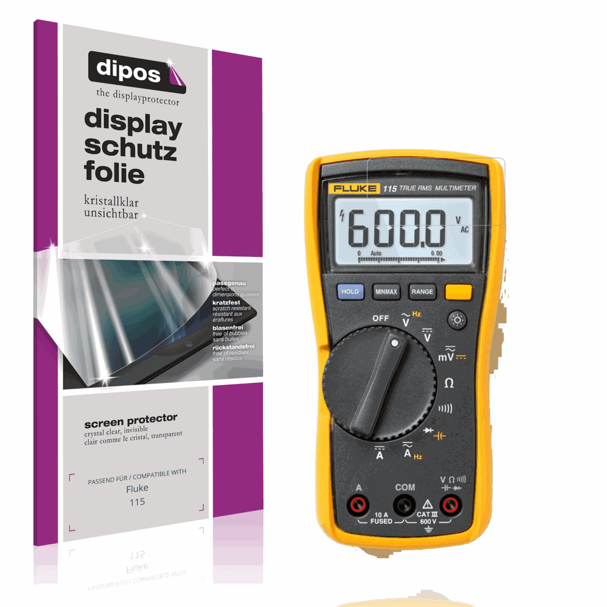 Klare Displayschutzfolie von dipos passend für Fluke 115, präziser Zuschnitt und blasenfrei montiert