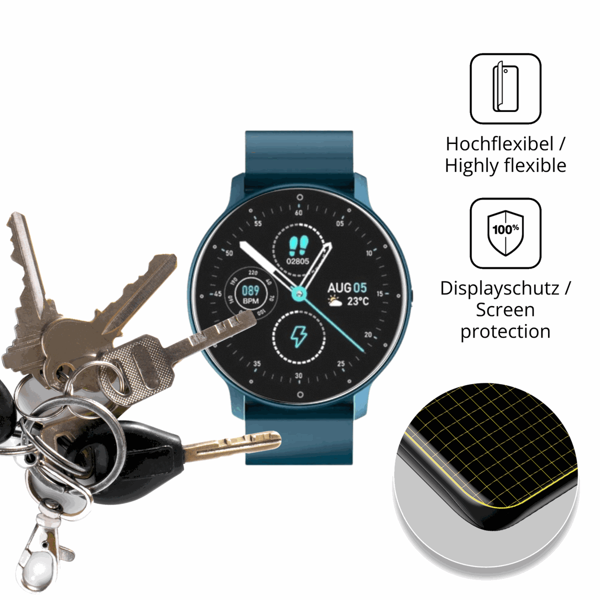 dipos Displayschutz für FOGOIN VitalPulse Watch, transparente Oberfläche, perfekte Passform auch für die Rundungen