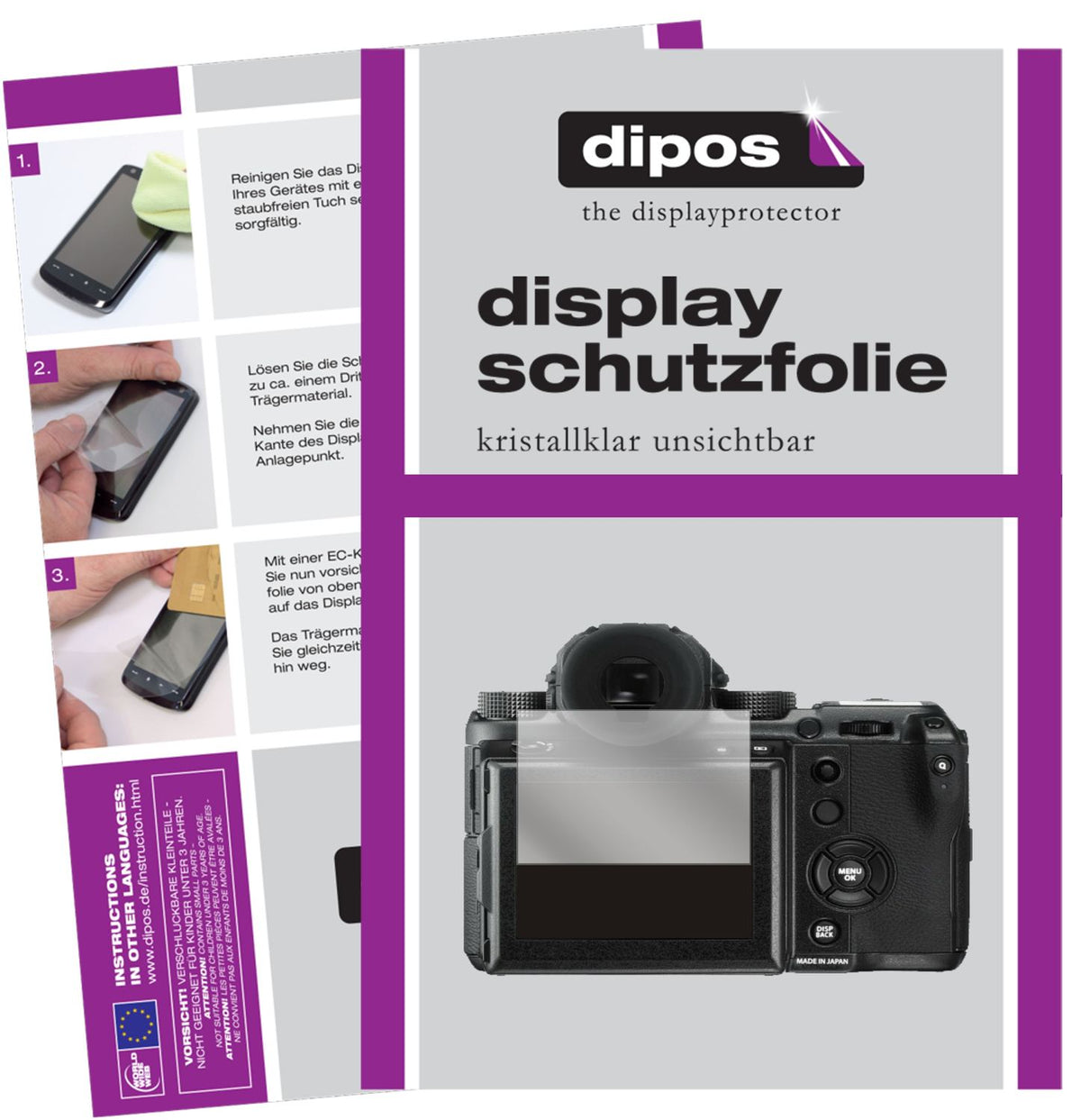 Klare Displayschutzfolie von dipos passend für Fujifilm GFX 50S II, präziser Zuschnitt und blasenfrei montiert
