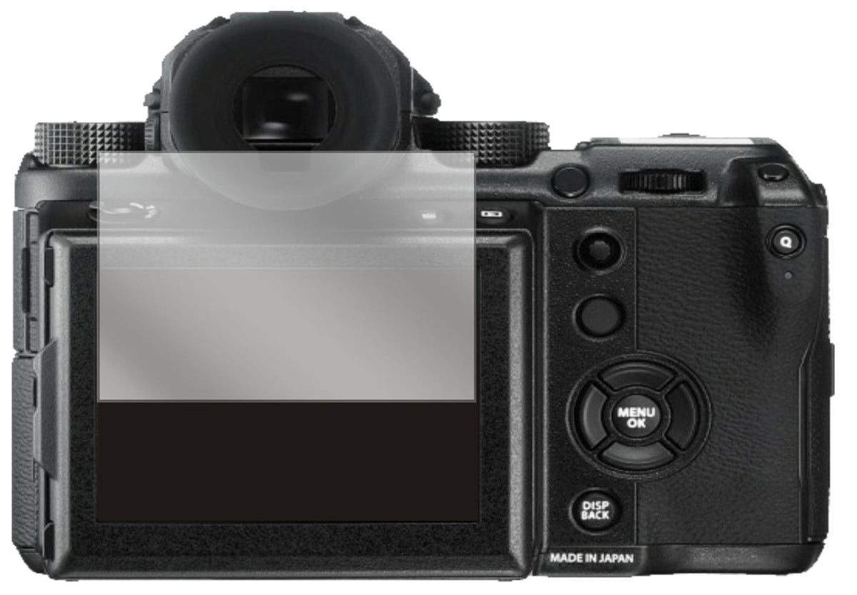 FujifilmGFX 50S II mit aufgebrachter dipos Displayschutzfolie, glasklare Darstellung ohne Einschränkungen