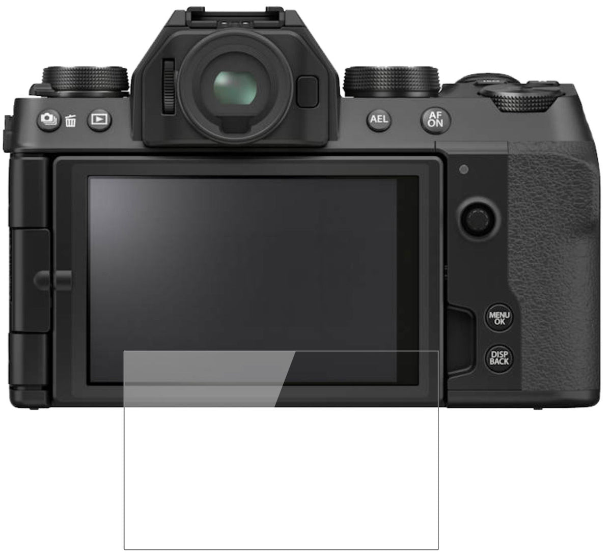 FujifilmX-S10 mit aufgebrachter dipos Flex Schutzfolie, glasklare Darstellung ohne Einschränkungen