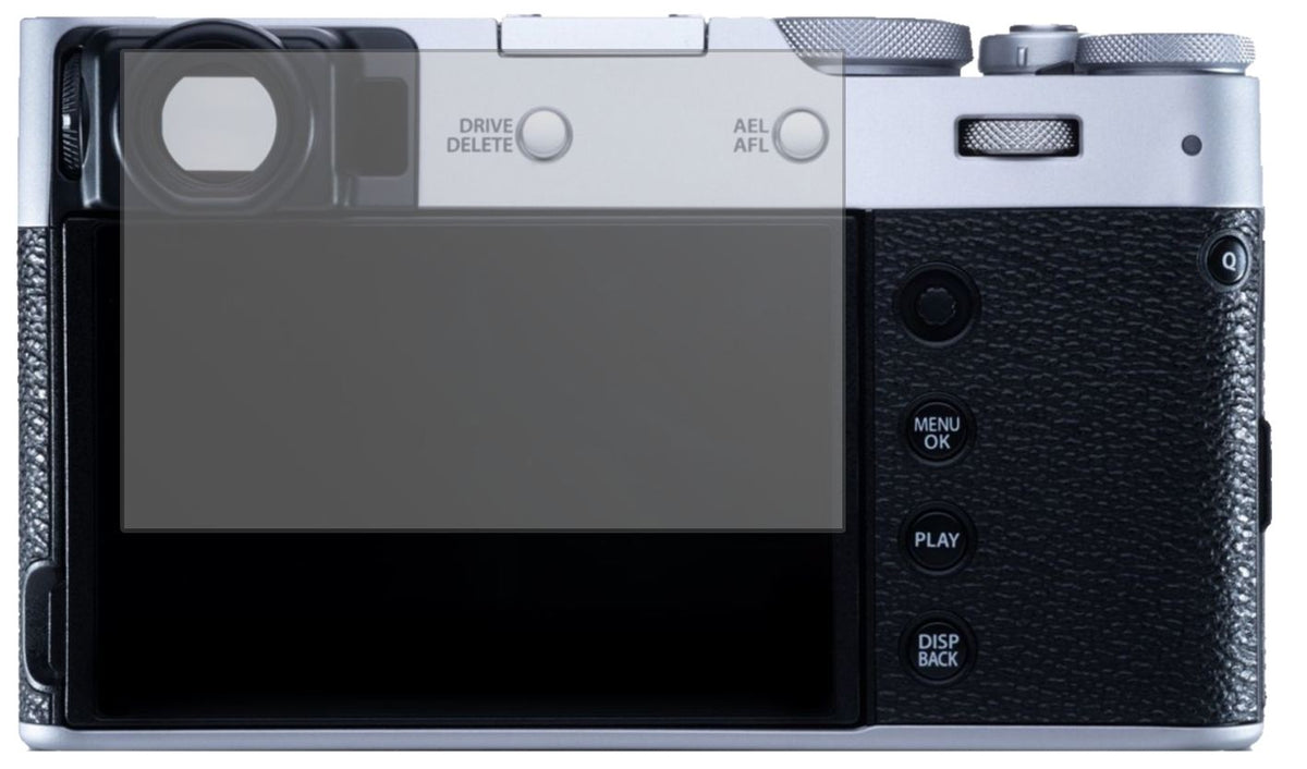 FujifilmX100V mit aufgebrachter dipos Displayschutzfolie, die lästige Fingerabdrücke minimiert