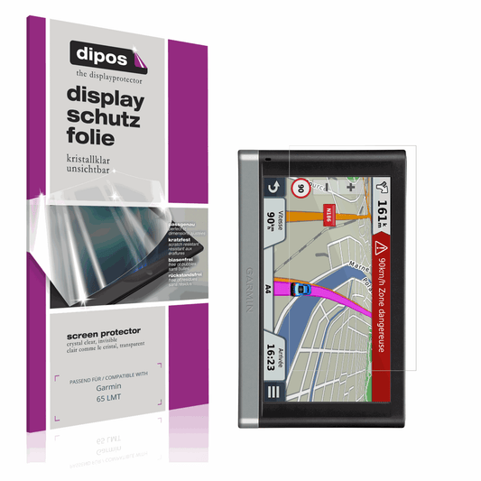 Klare Displayschutzfolie von dipos passend für Garmin 65 LMT, präziser Zuschnitt und blasenfrei montiert