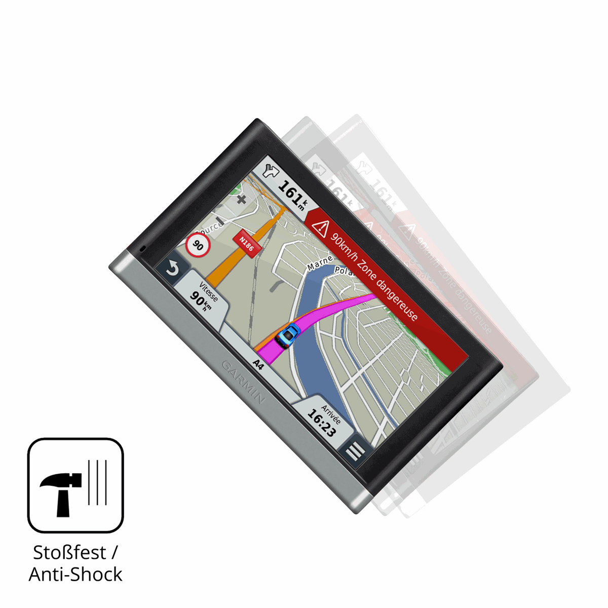 Schutz gegen Kratzer auf dem Garmin 65 LMT Glas durch Schlüssel, Stöße gegen die Tischkante oder Stürze