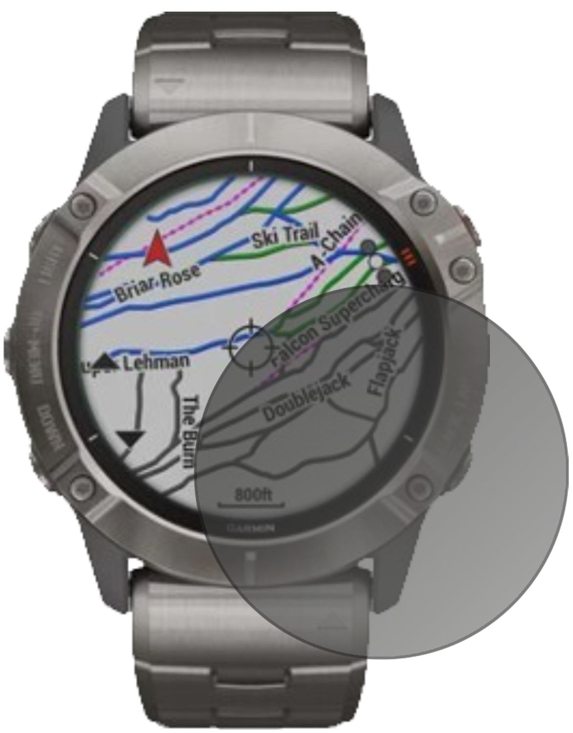 Garminfenix 6X Solar mit aufgebrachtem dipos Displayschutz, der seitliche Einblicke blockiert