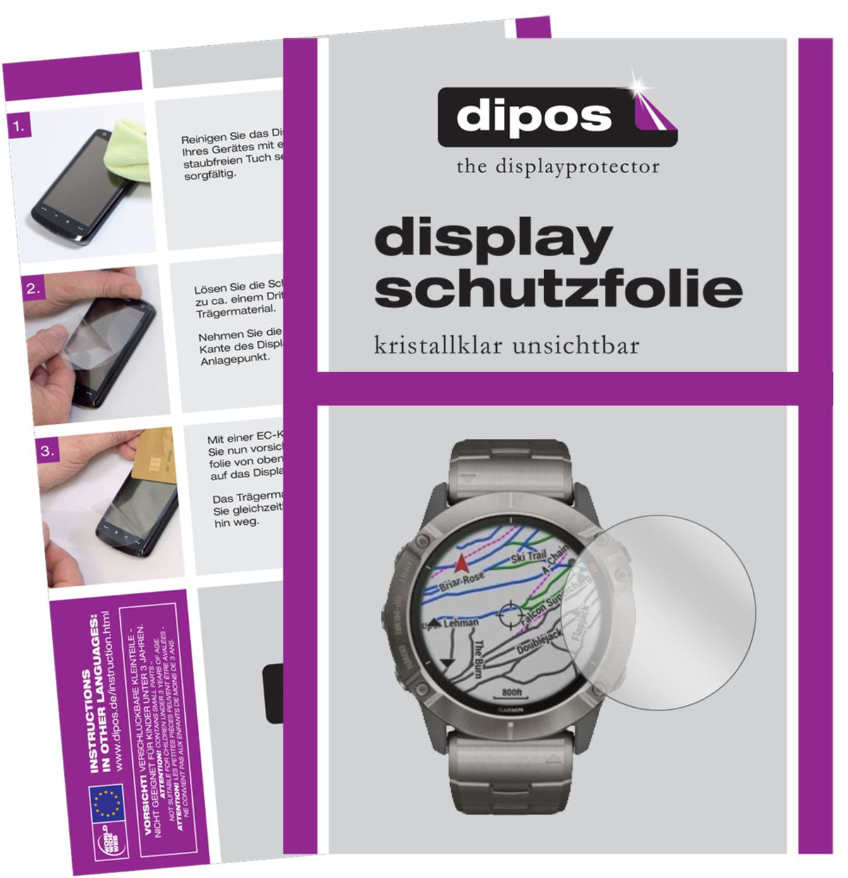 Klare Displayschutzfolie von dipos passend für Garmin fenix 6X Pro, präziser Zuschnitt und blasenfrei montiert