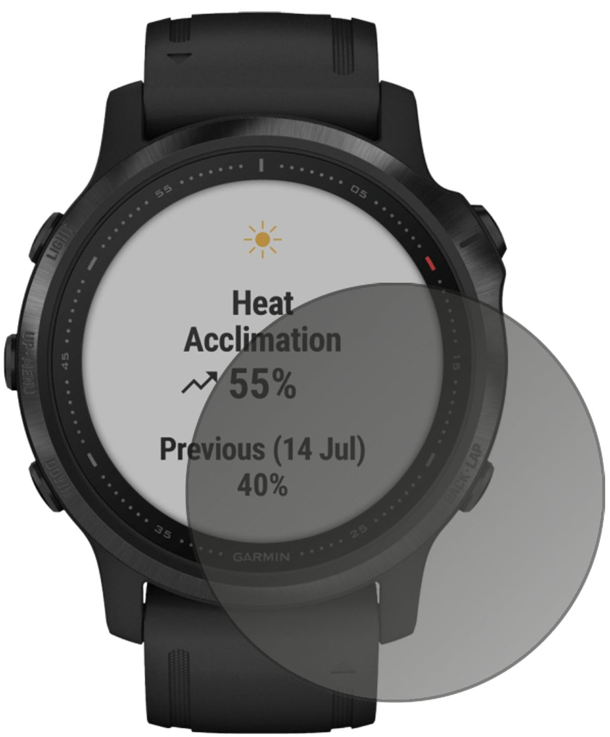 Garminfenix 6S Pro mit aufgebrachtem dipos Displayschutz, der seitliche Einblicke blockiert