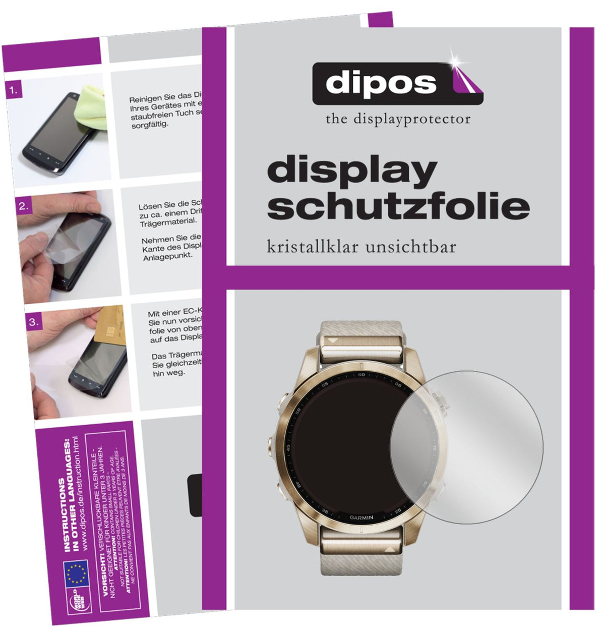 Klare Displayschutzfolie von dipos passend für Garmin Fenix 7S (42 mm), präziser Zuschnitt und blasenfrei montiert