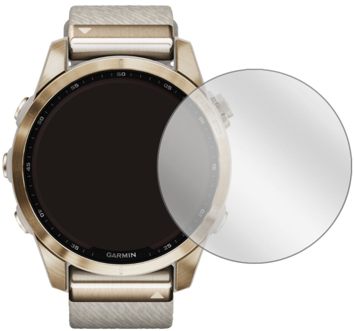 GarminFenix 7S (42 mm) mit aufgebrachter dipos Displayschutzfolie, glasklare Darstellung ohne Einschränkungen
