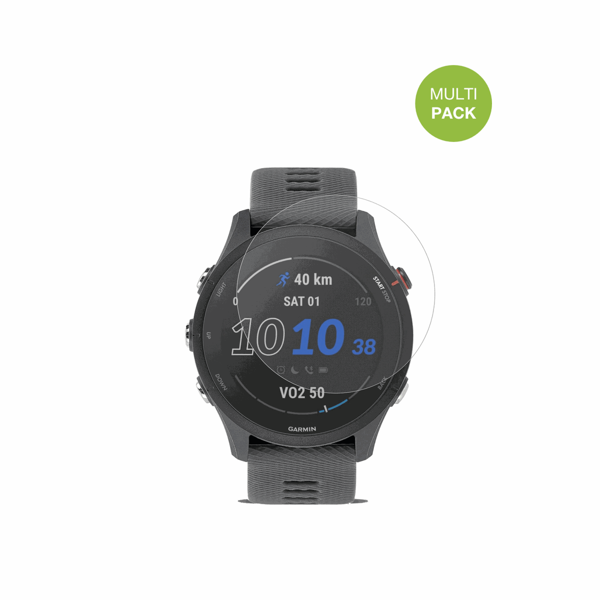 GarminForerunner 255 mit aufgebrachter dipos Displayschutzfolie, die lästige Fingerabdrücke minimiert