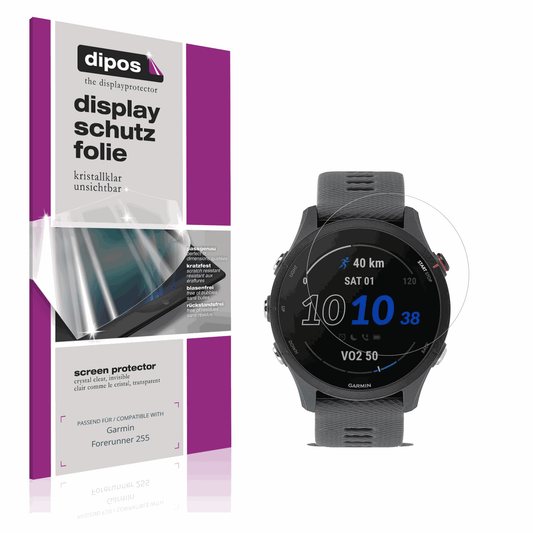 Klare Displayschutzfolie von dipos passend für Garmin Forerunner 255, präziser Zuschnitt und blasenfrei montiert