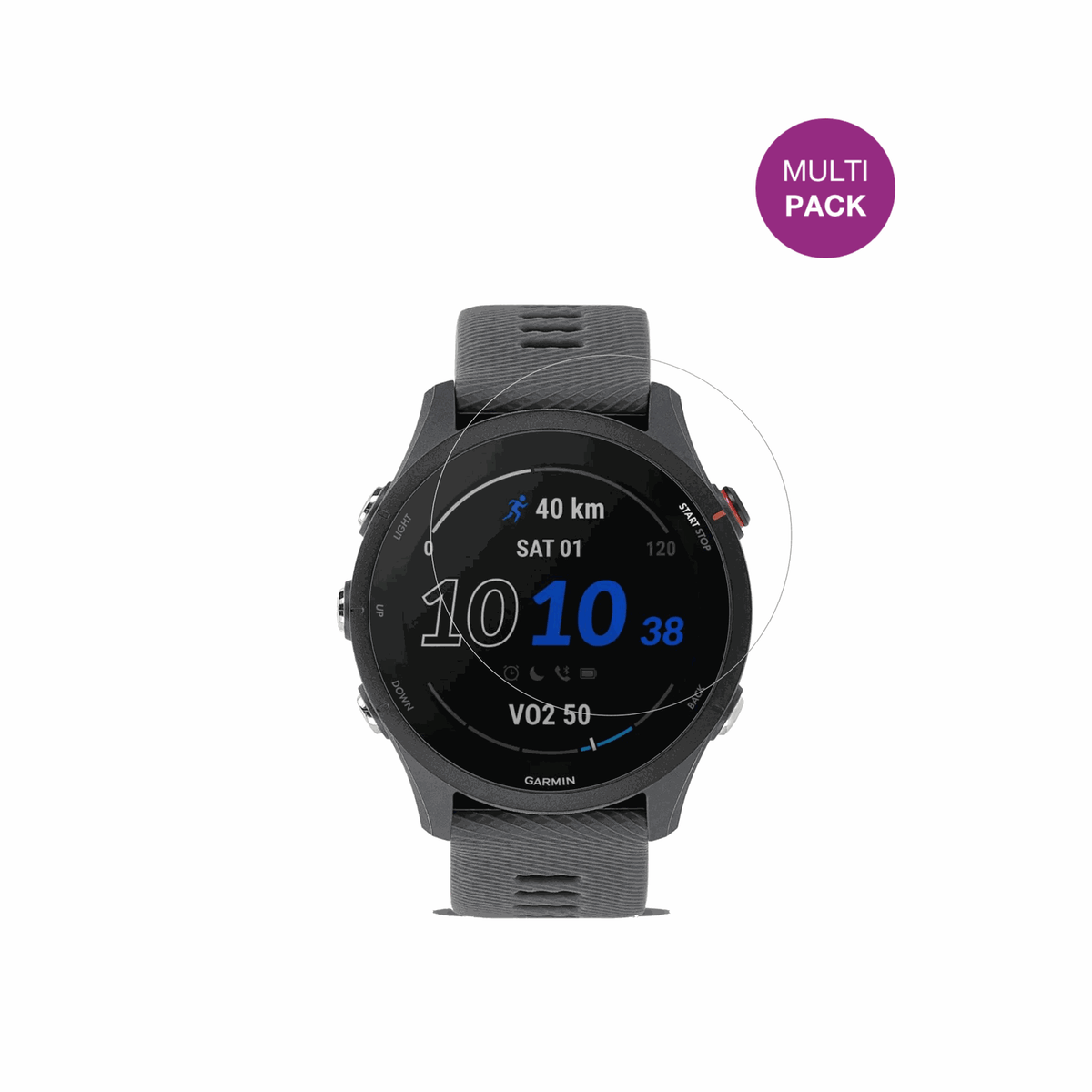 GarminForerunner 255 mit aufgebrachter dipos Displayschutzfolie, glasklare Darstellung ohne Einschränkungen