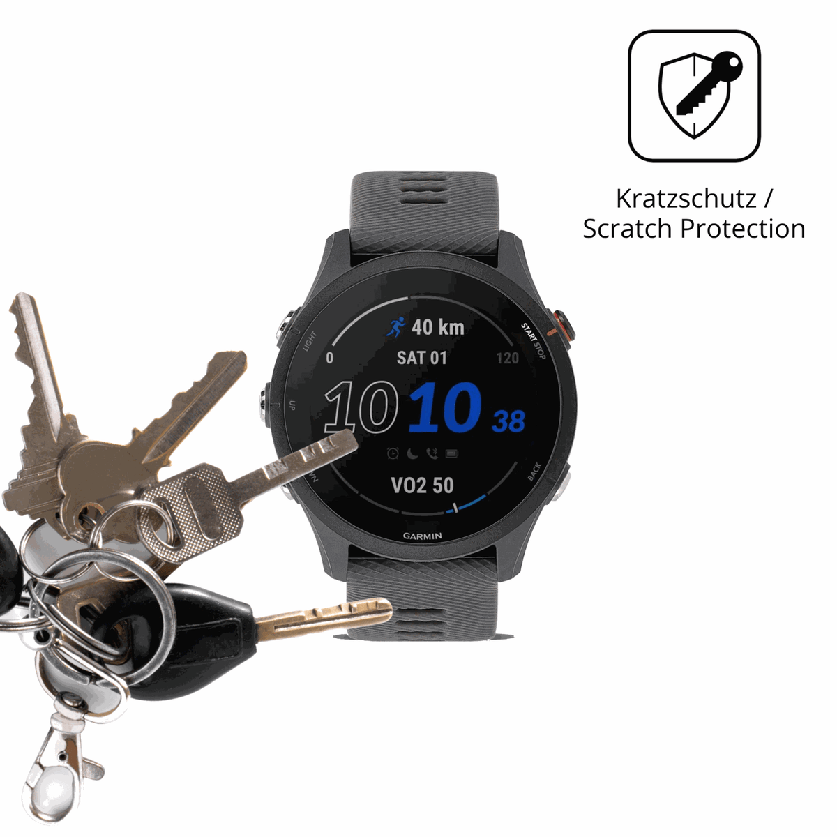 Schutz gegen Kratzer auf dem Garmin Forerunner 255 Glas durch Schlüssel oder Ähnliches