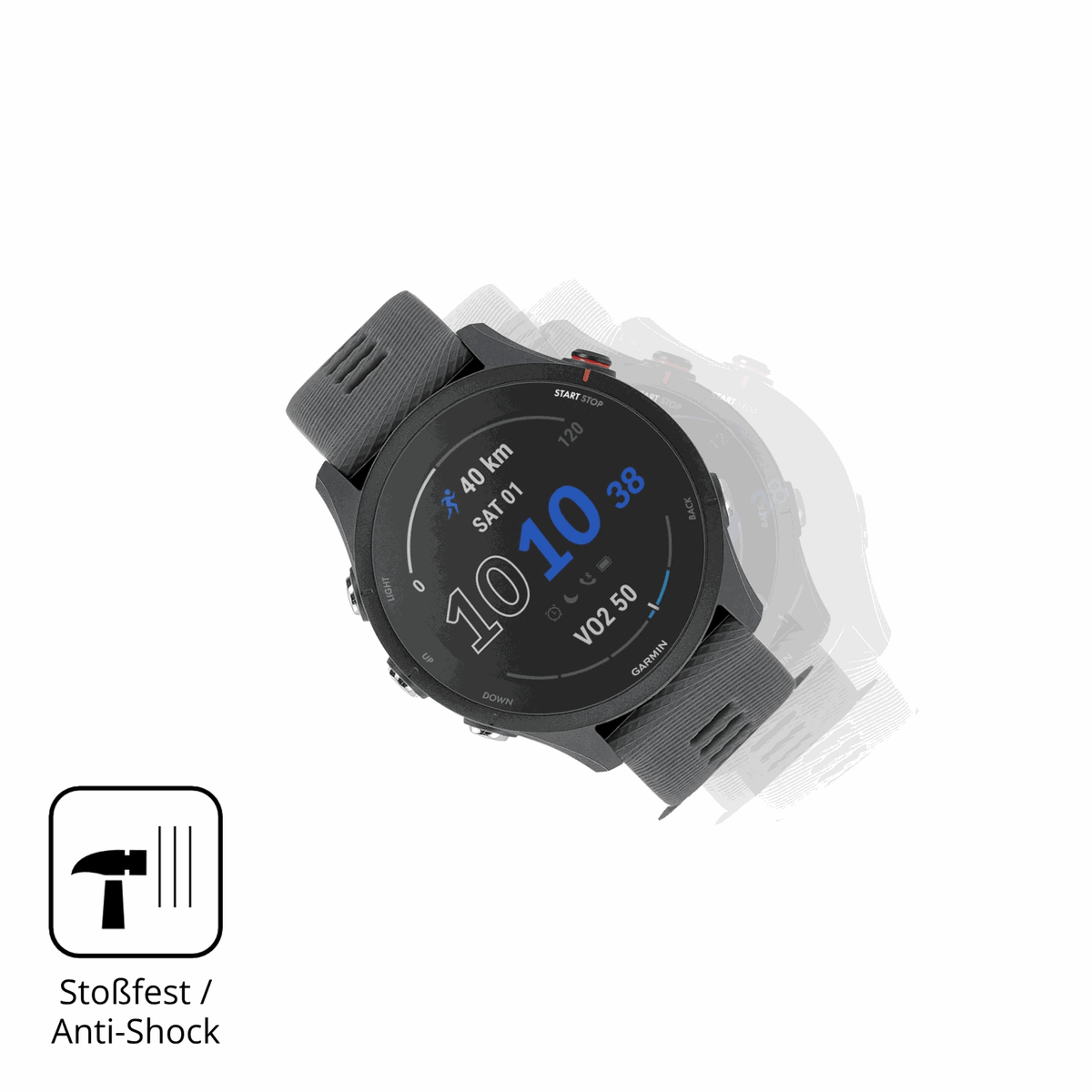 Schutz gegen Kratzer auf dem Garmin Forerunner 255 Glas durch Schlüssel, Stöße gegen die Tischkante oder Stürze