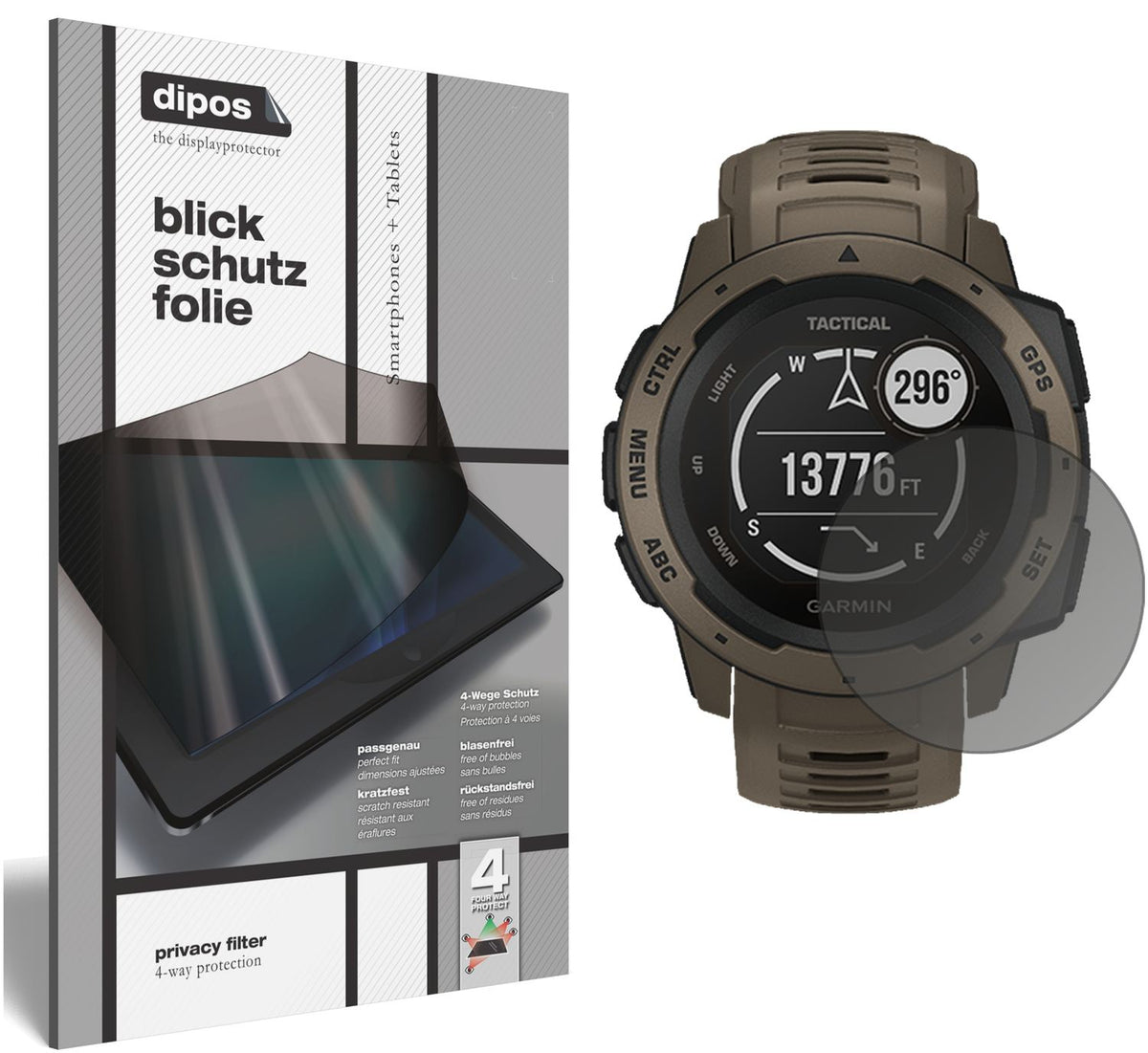 Blickschutzfolie von dipos passend für Garmin Instinct Tactical Edition, präziser Zuschnitt und blasenfrei montiert