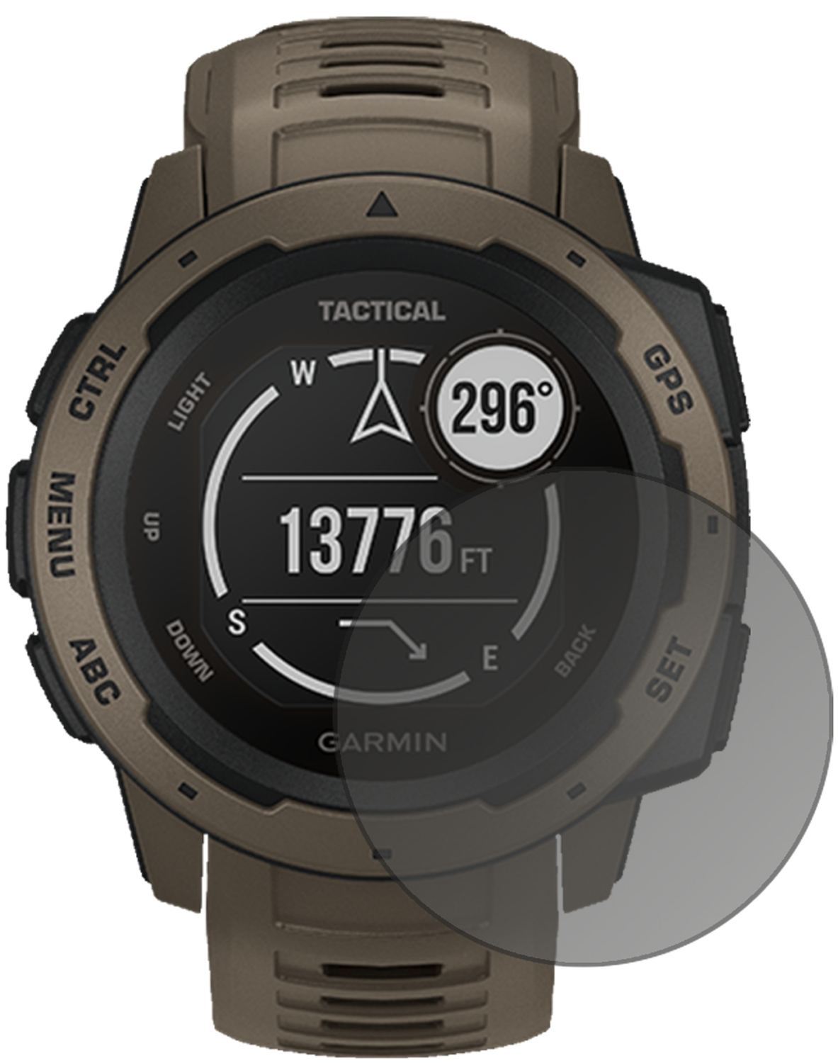 GarminInstinct Tactical Edition mit aufgebrachtem dipos Displayschutz, der seitliche Einblicke blockiert