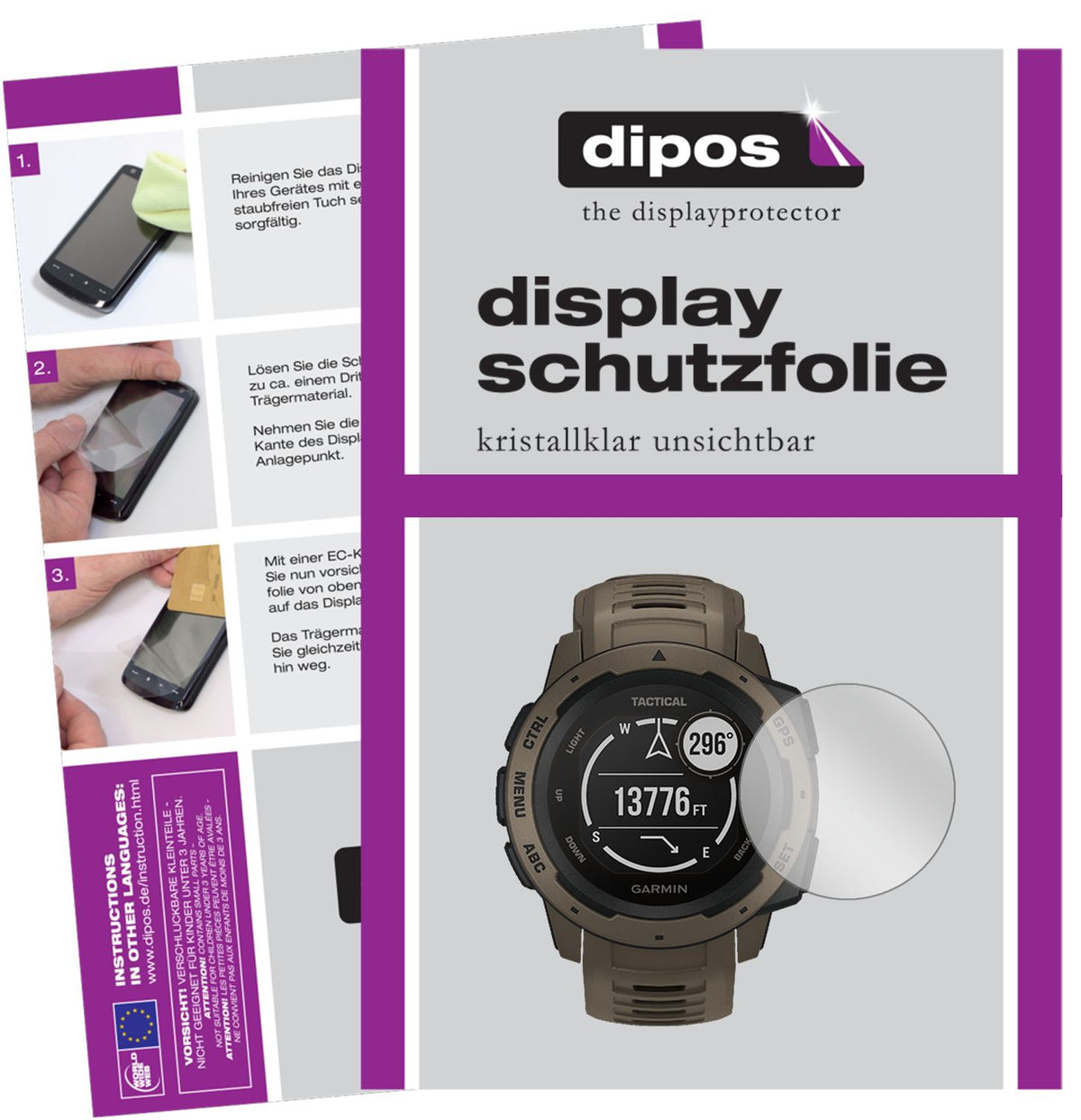 Klare Displayschutzfolie von dipos passend für Garmin Instinct Tactical Edition, präziser Zuschnitt und blasenfrei montiert