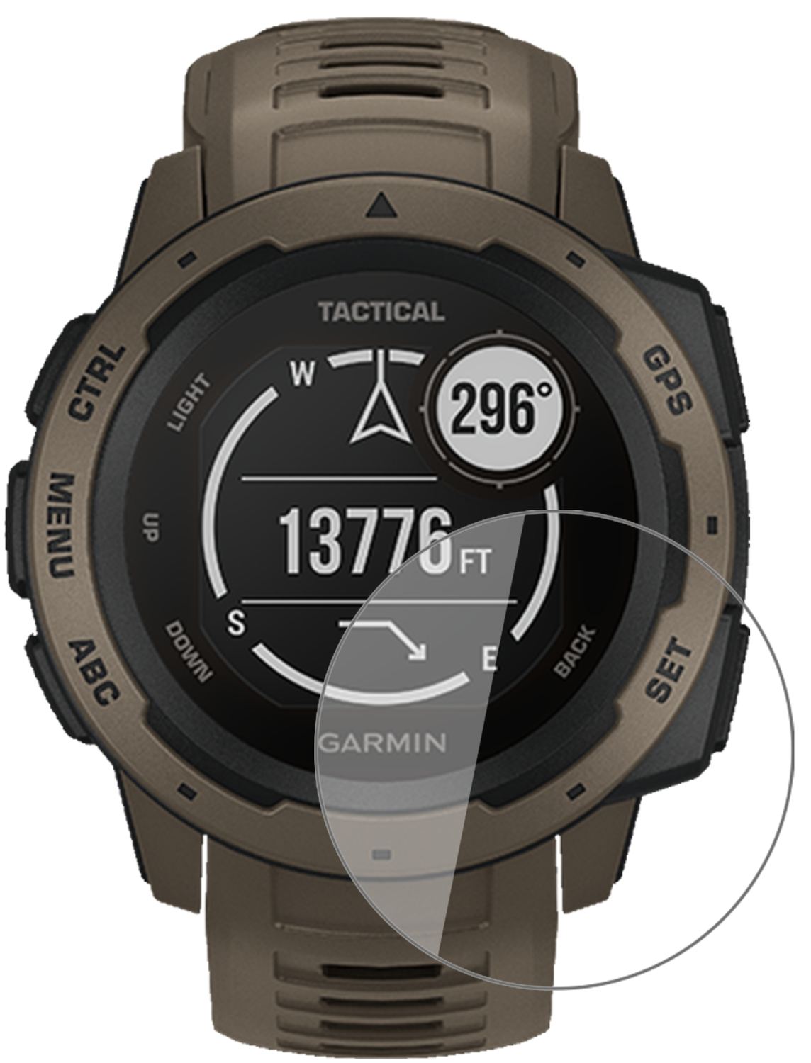 GarminInstinct Tactical Edition mit aufgebrachter dipos Flex Schutzfolie, glasklare Darstellung ohne Einschränkungen