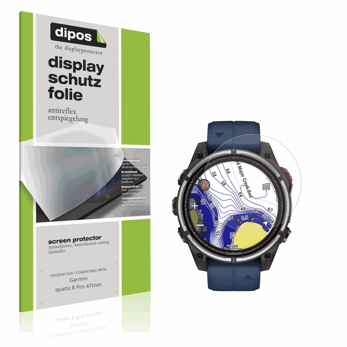 Matte Displayschutzfolie von dipos passend für Garmin quatix 8 Pro 47mm, präziser Zuschnitt und blasenfrei montiert