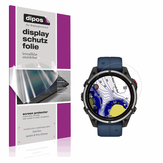 Klare Displayschutzfolie von dipos passend für Garmin quatix 8 Pro 47mm, präziser Zuschnitt und blasenfrei montiert