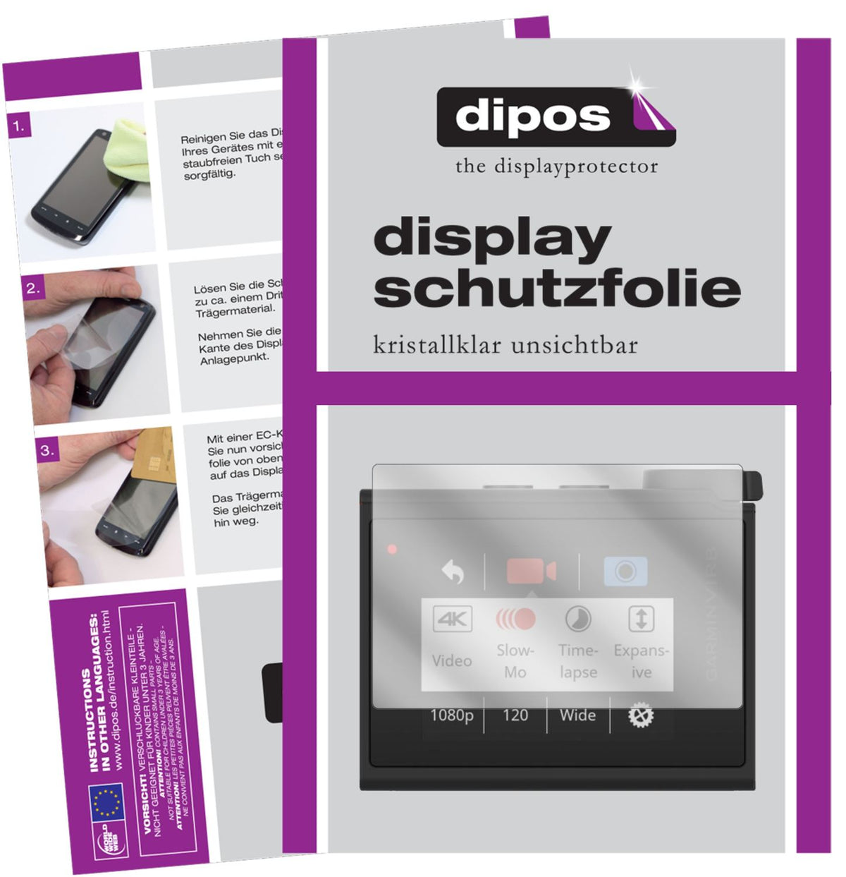 Klare Displayschutzfolie von dipos passend für Garmin Virb Ultra 30, präziser Zuschnitt und blasenfrei montiert