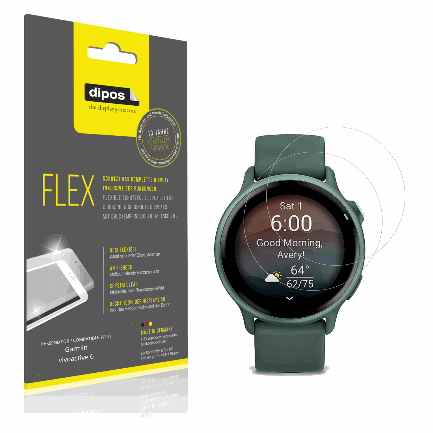 Klare Displayschutzfolie von dipos passend für Garmin vivoactive 6, 100% Displayabdeckung und blasenfreie Montage