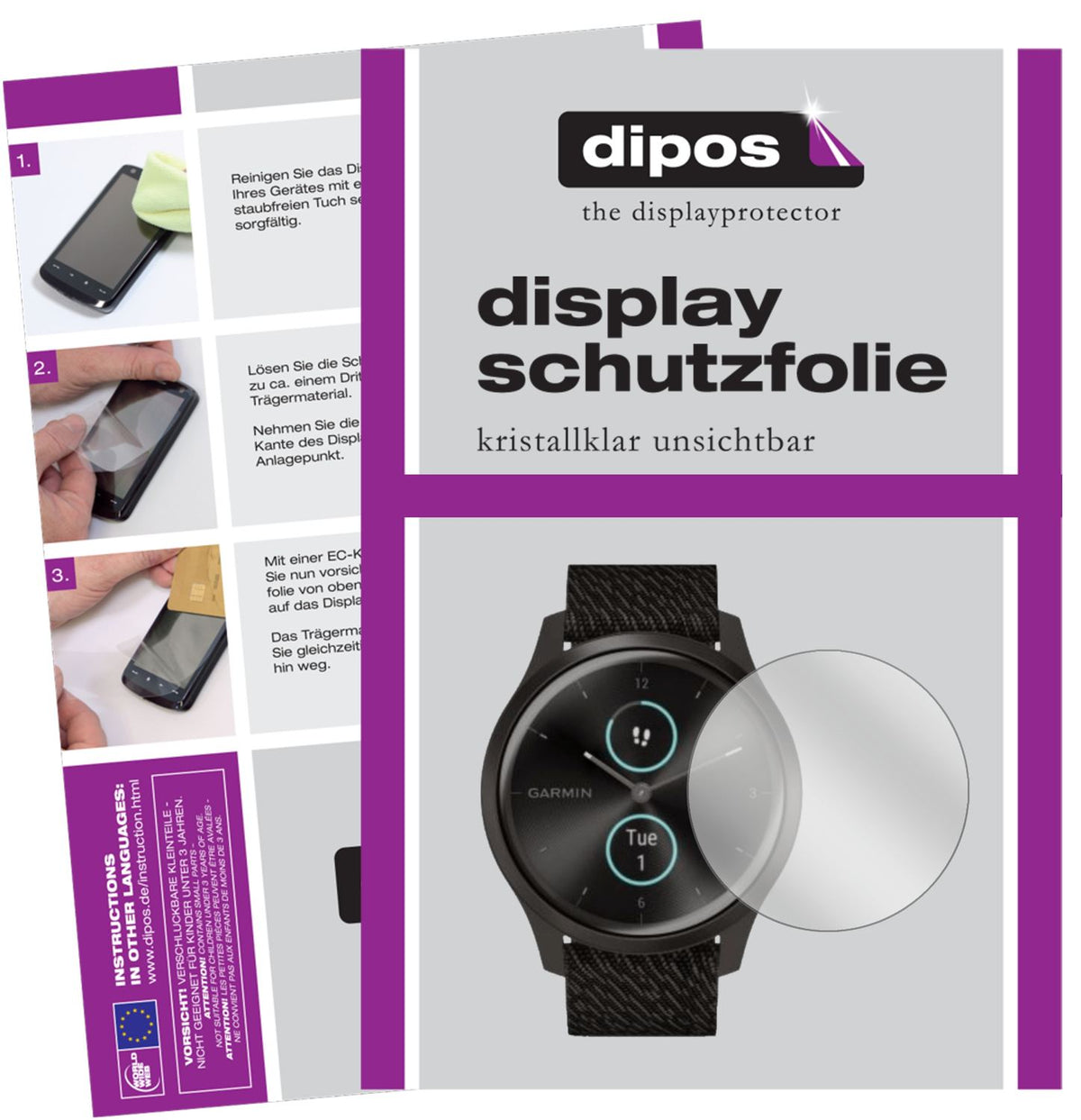 Klare Displayschutzfolie von dipos passend für Garmin Vivomove Style, präziser Zuschnitt und blasenfrei montiert