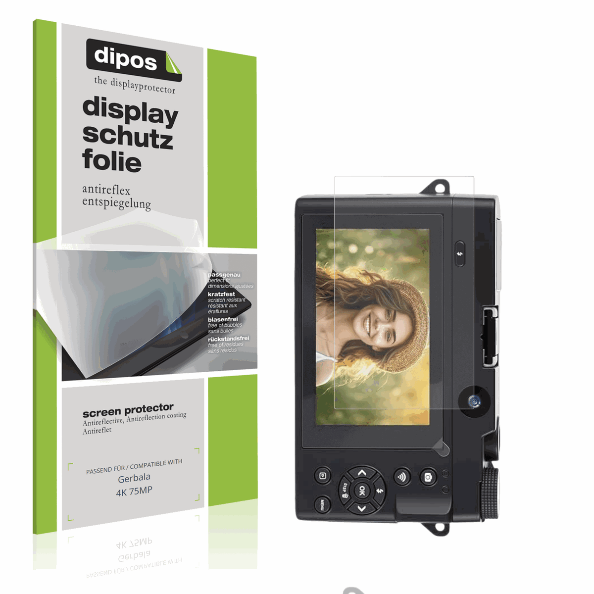 Matte Displayschutzfolie von dipos passend für Gerbala 4K 75MP, präziser Zuschnitt und blasenfrei montiert