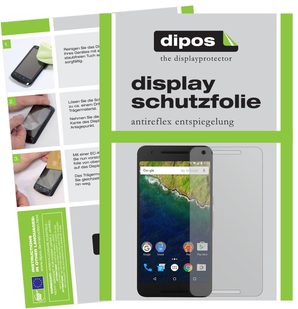 Matte Displayschutzfolie von dipos passend für Google Nexus 6P, präziser Zuschnitt und blasenfrei montiert