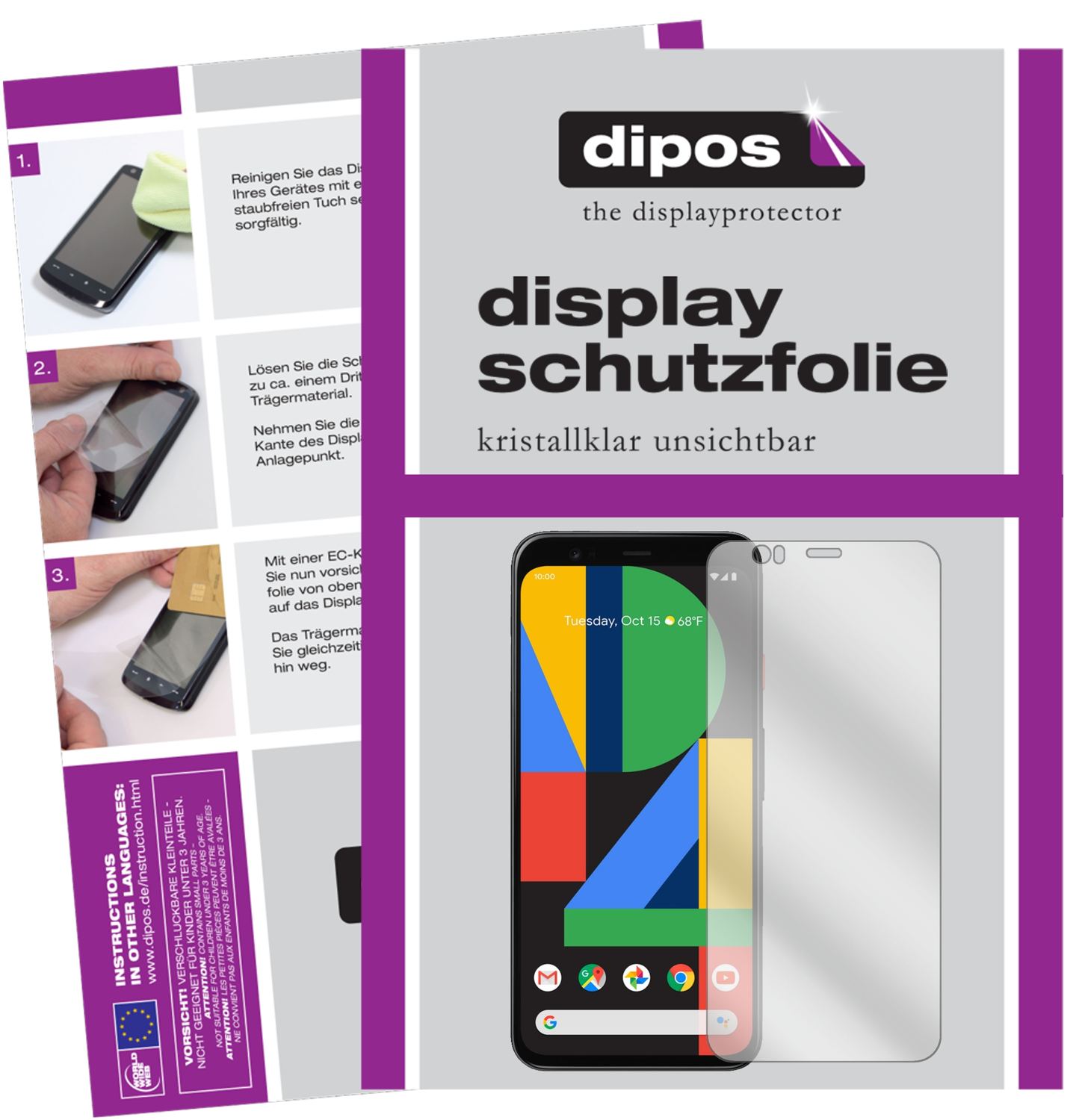 Klare Displayschutzfolie von dipos passend für Google Pixel 4 XL, präziser Zuschnitt und blasenfrei montiert