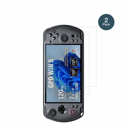GPDWin 5 mit aufgebrachter dipos Flex Schutzfolie, glasklare Darstellung ohne Einschränkungen