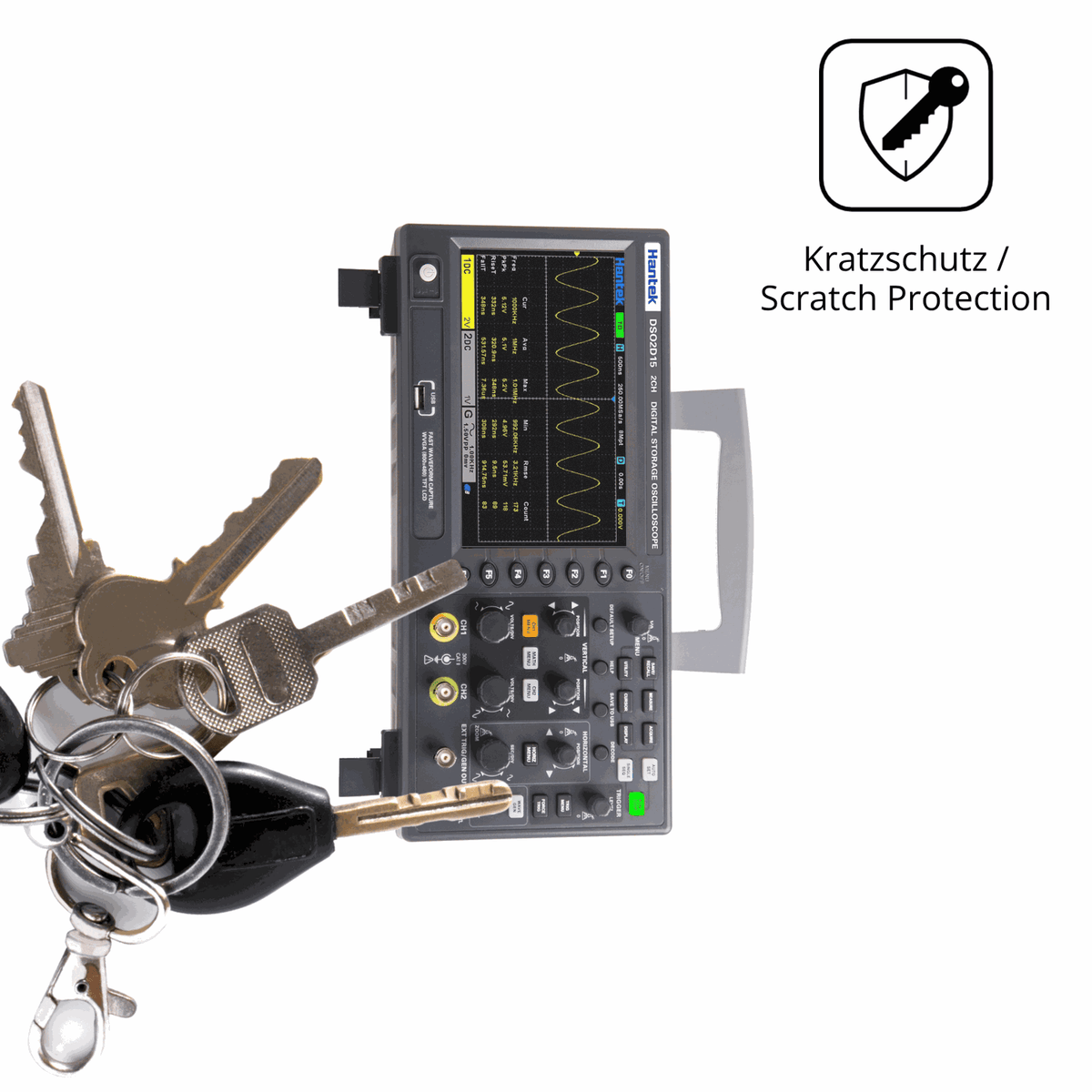 Schutz gegen Kratzer auf dem Hantek DSO2D15 Oscilloscope Glas durch Schlüssel oder Ähnliches