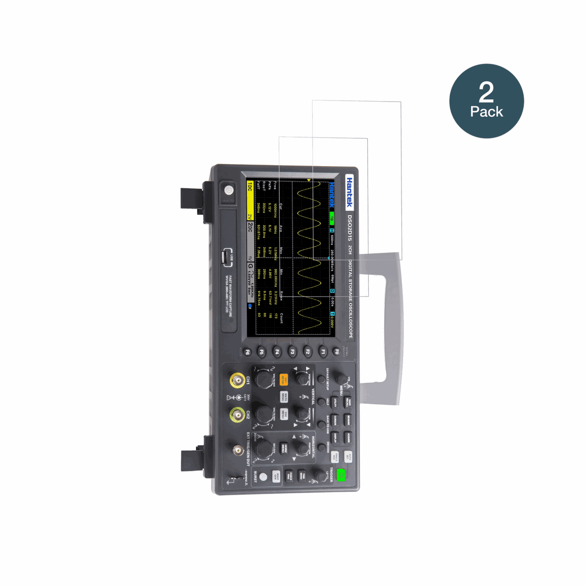 HantekDSO2D15 Oscilloscope mit aufgebrachter dipos Flex Schutzfolie, glasklare Darstellung ohne Einschränkungen