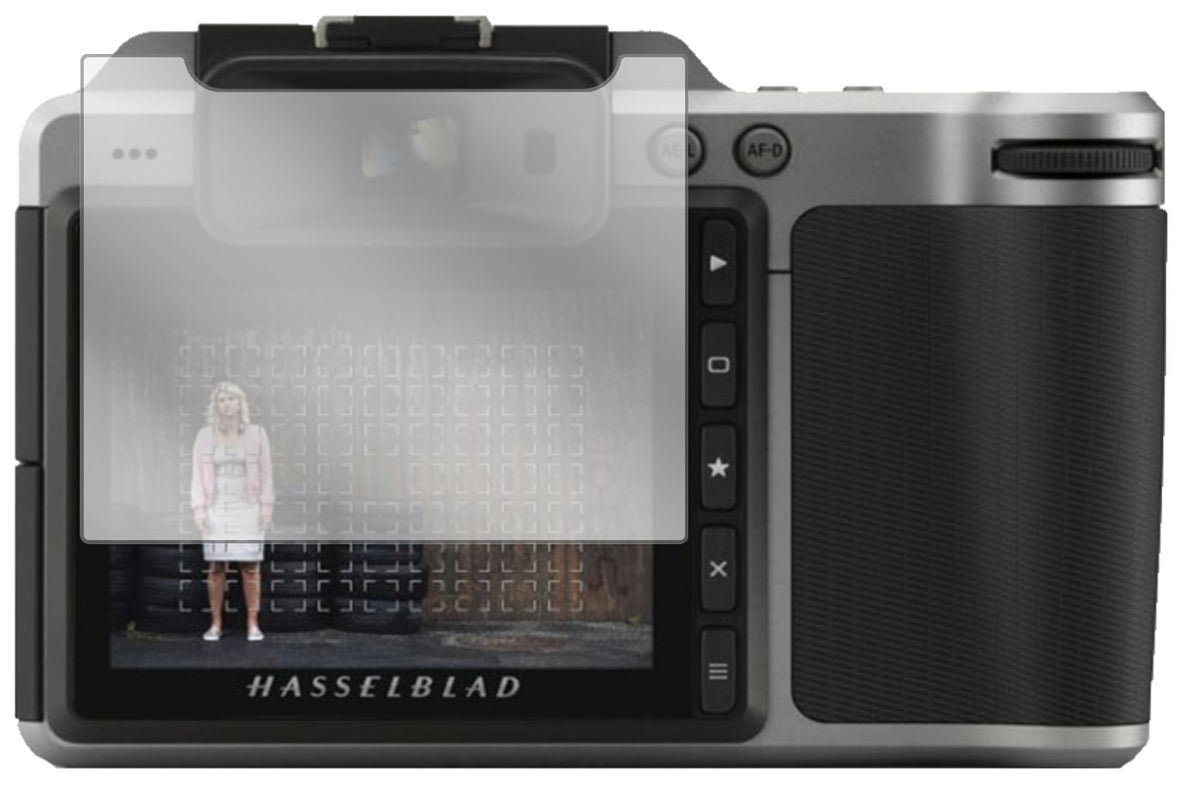 HasselbladX1D II 50C mit aufgebrachter dipos Displayschutzfolie, glasklare Darstellung ohne Einschränkungen