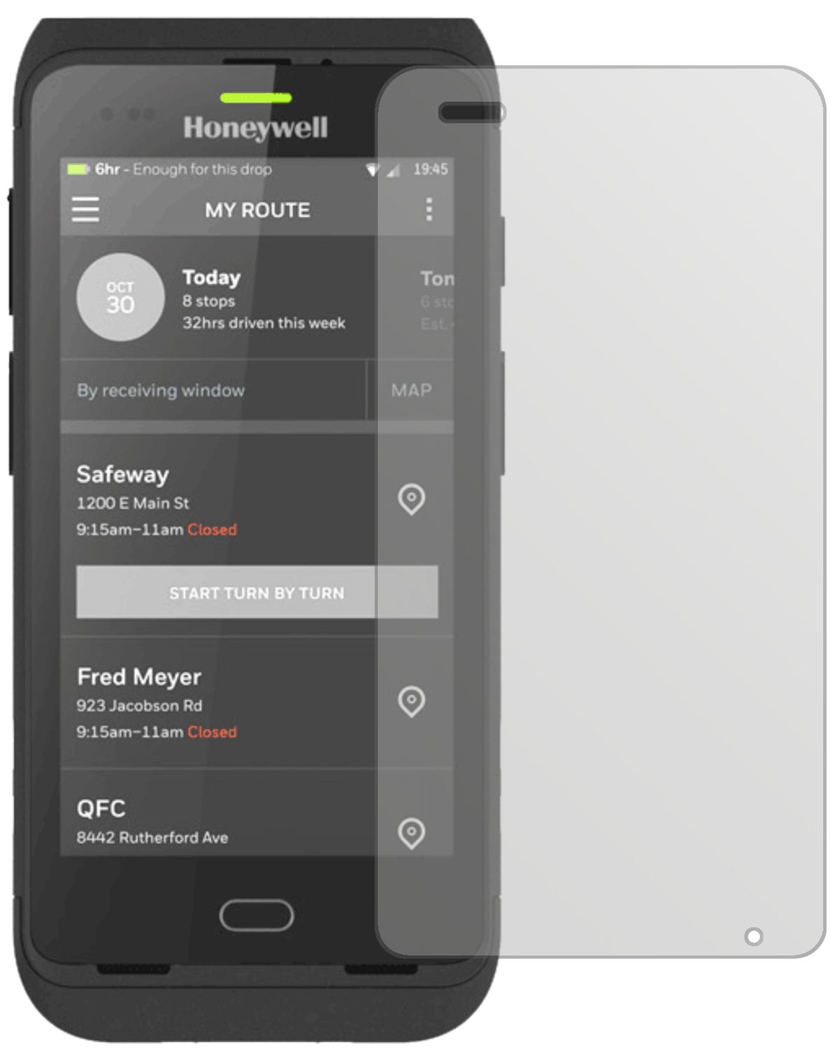 HoneywellCT40 mit aufgebrachter dipos Displayschutzfolie, die lästige Fingerabdrücke minimiert