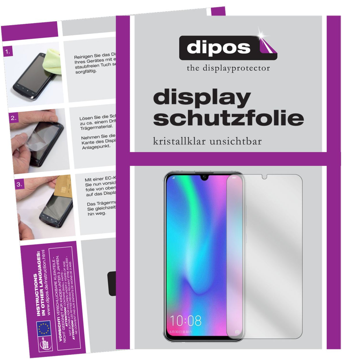 Klare Displayschutzfolie von dipos passend für Honor 10i, präziser Zuschnitt und blasenfrei montiert