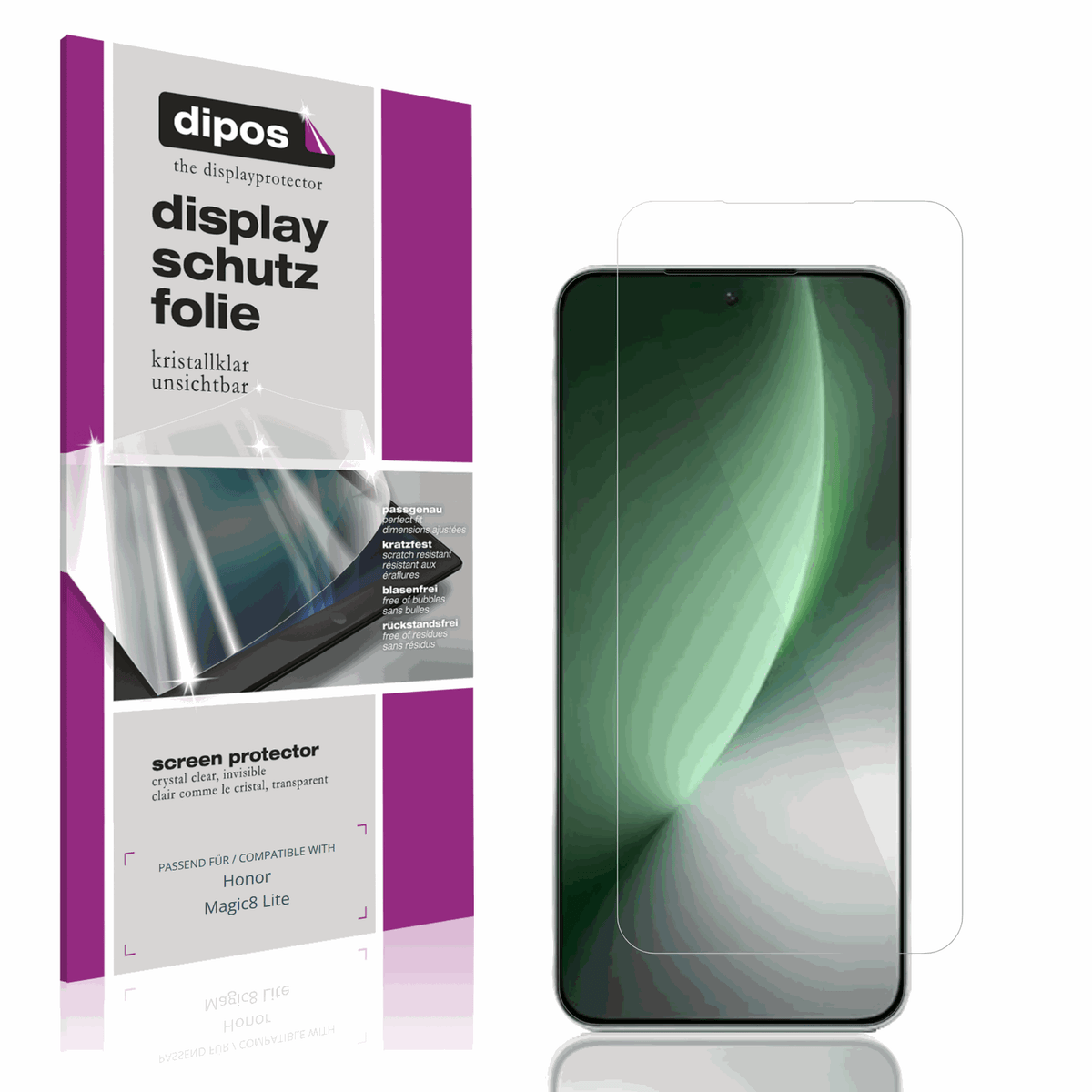 Klare Displayschutzfolie von dipos passend für Honor Magic8 Lite, präziser Zuschnitt und blasenfrei montiert