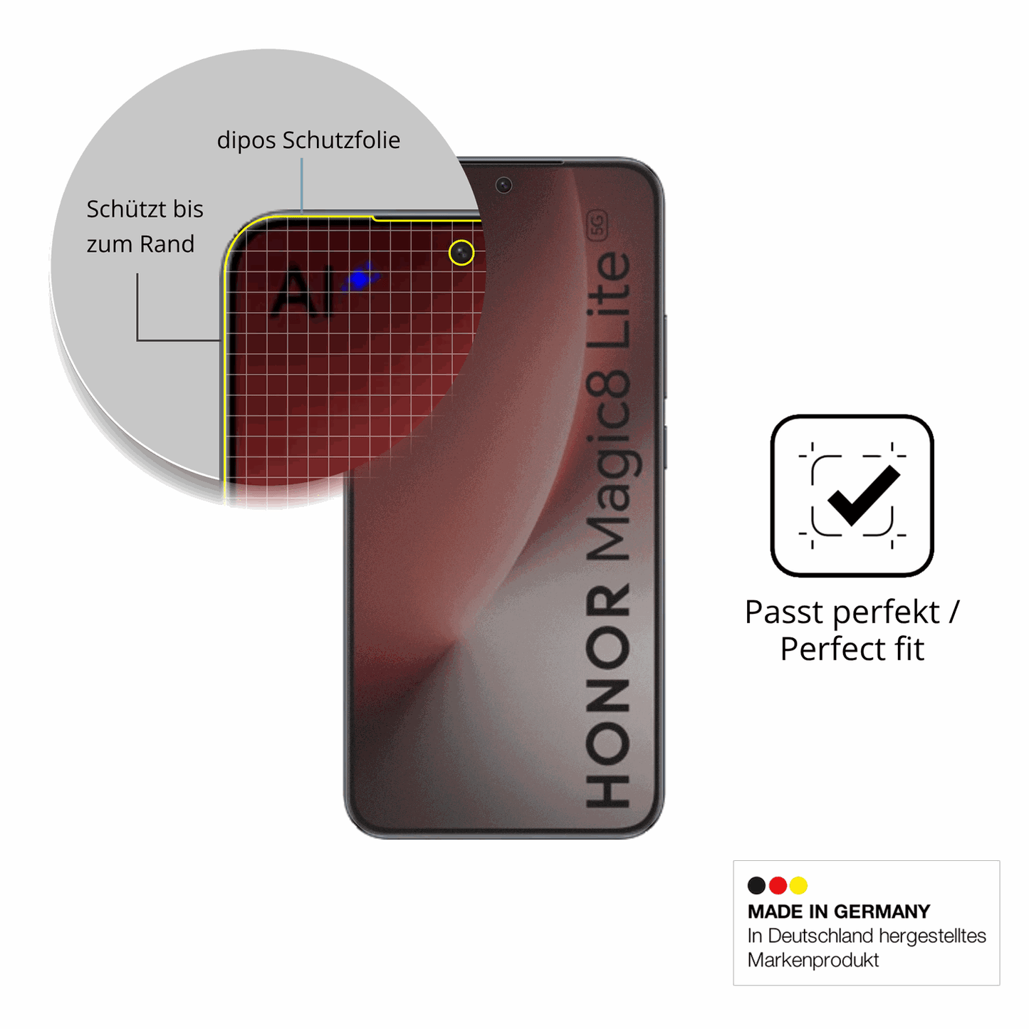 Schutz gegen Kratzer auf dem Honor Magic 8 Lite Glas durch Schlüssel, Stöße gegen die Tischkante oder Stürze