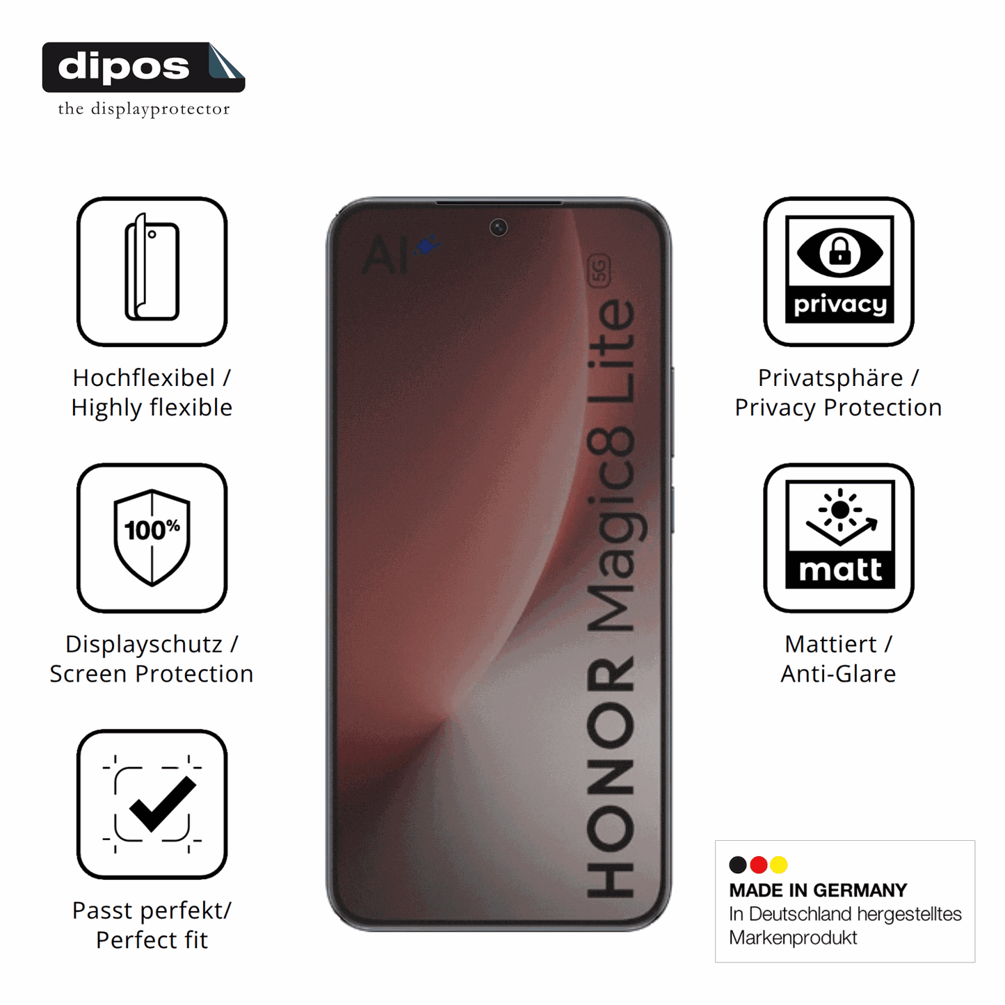 Flexible TPU-Folie passend zugeschnitten für Honor Magic 8 Lite, mit Privatsphäre-Schutz durch Sichtschutz-Folie