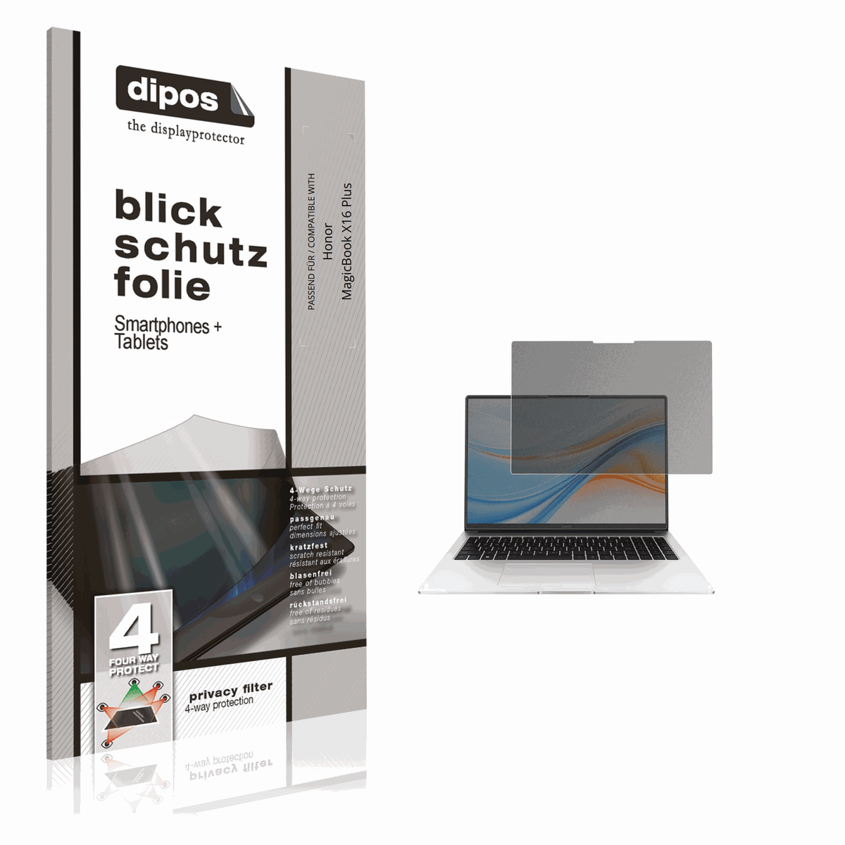 Blickschutzfolie von dipos passend für Honor MagicBook X16 Plus, präziser Zuschnitt und blasenfrei montiert