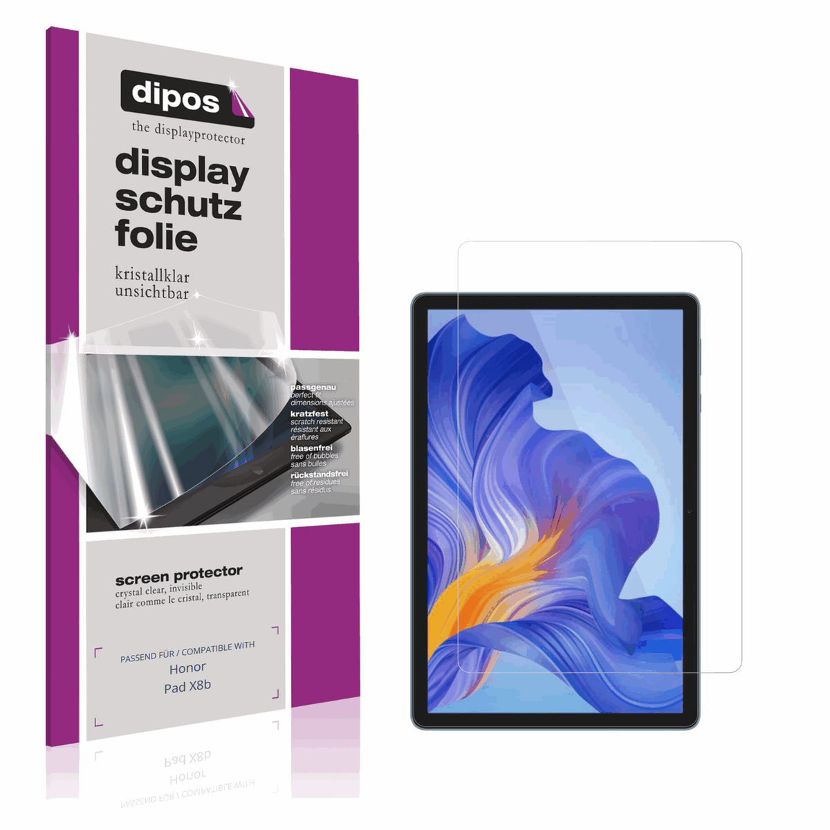 Klare Displayschutzfolie von dipos passend für Honor Pad X8b, präziser Zuschnitt und blasenfrei montiert