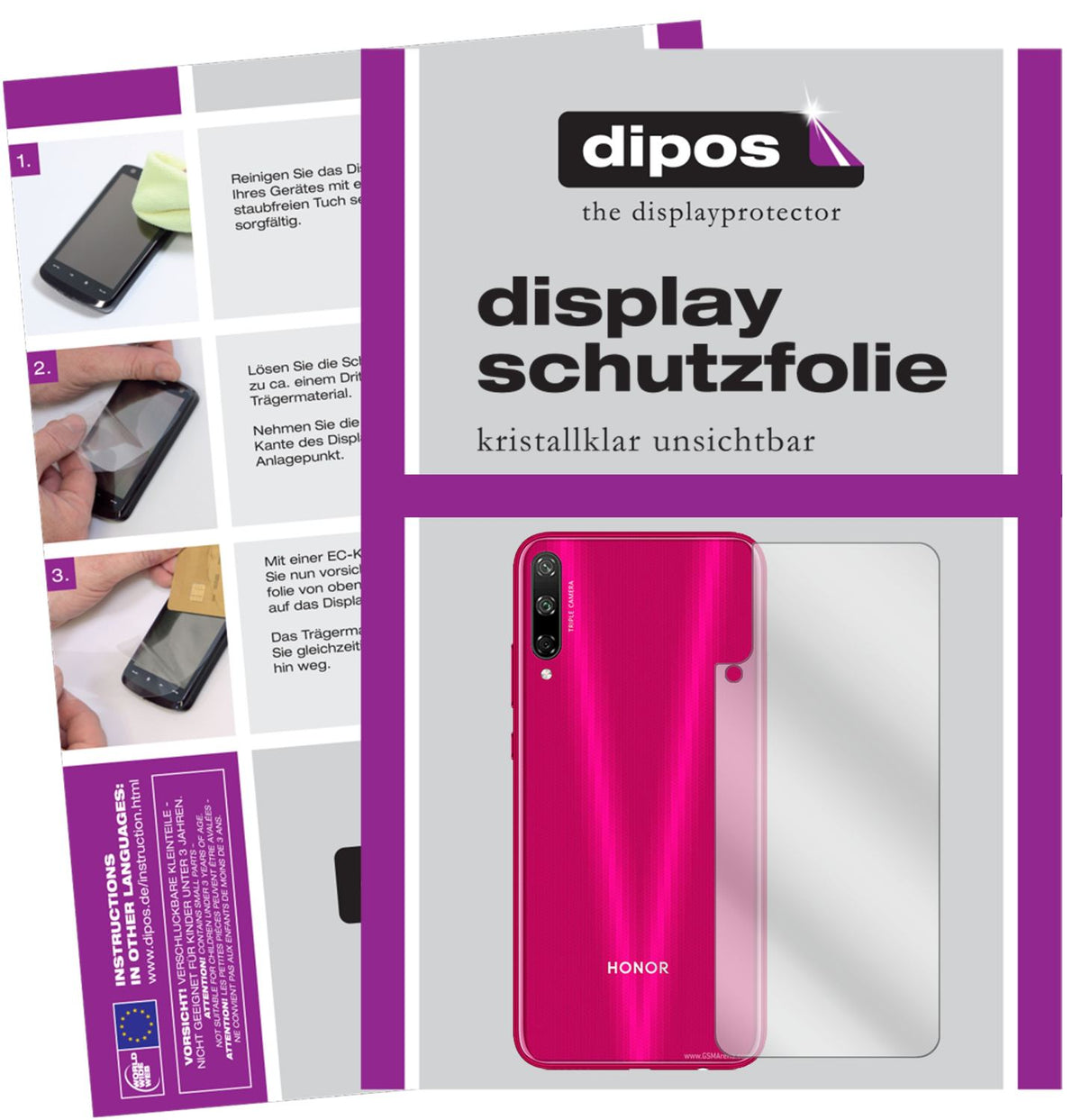 Klare Displayschutzfolie von dipos passend für Honor Play 3 Rückseite, präziser Zuschnitt und blasenfrei montiert
