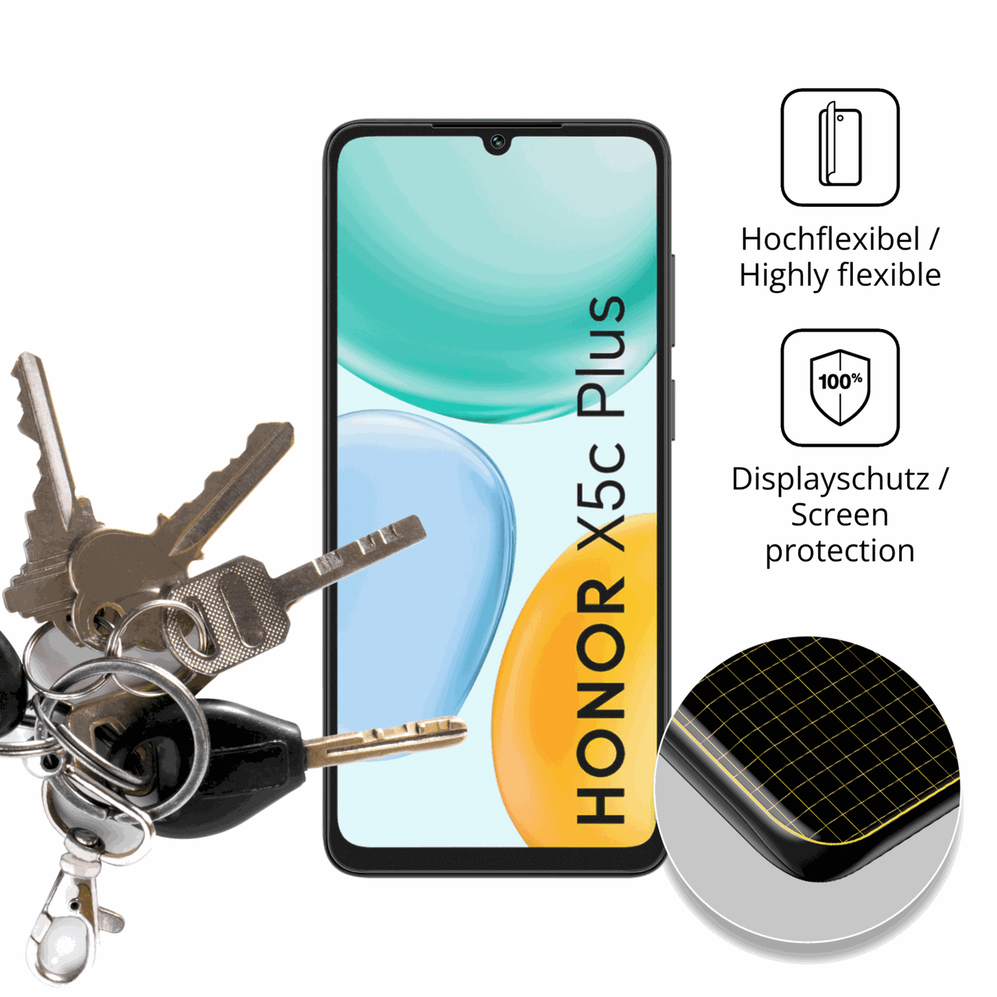 dipos Displayschutz für Honor X5c Plus, transparente Oberfläche, perfekte Passform auch für die Rundungen