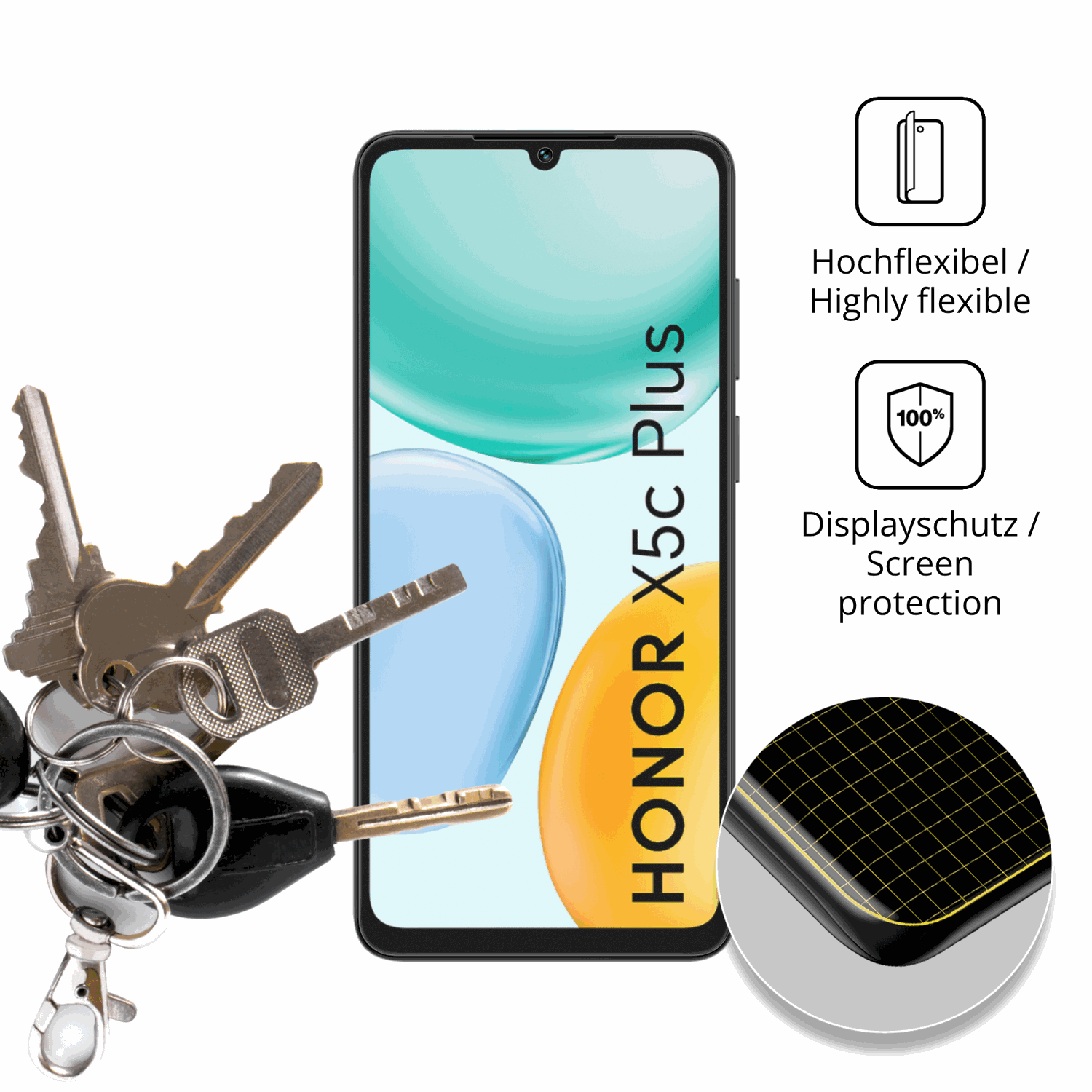 dipos Displayschutz für Honor X5c Plus, transparente Oberfläche, perfekte Passform auch für die Rundungen