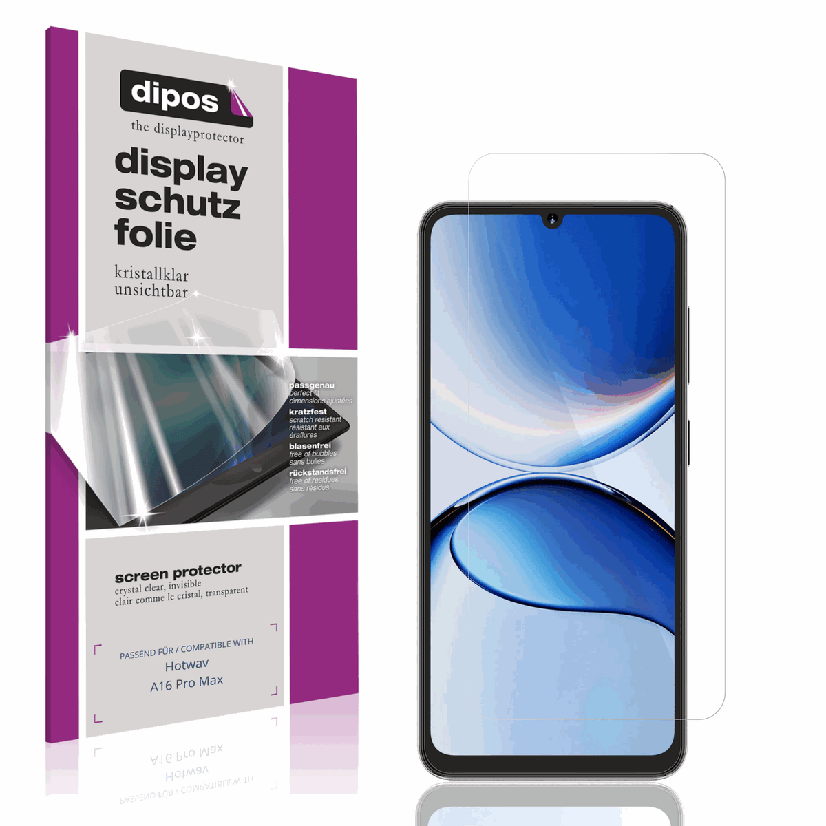 Klare Displayschutzfolie von dipos passend für Hotwav A16 Pro Max, präziser Zuschnitt und blasenfrei montiert
