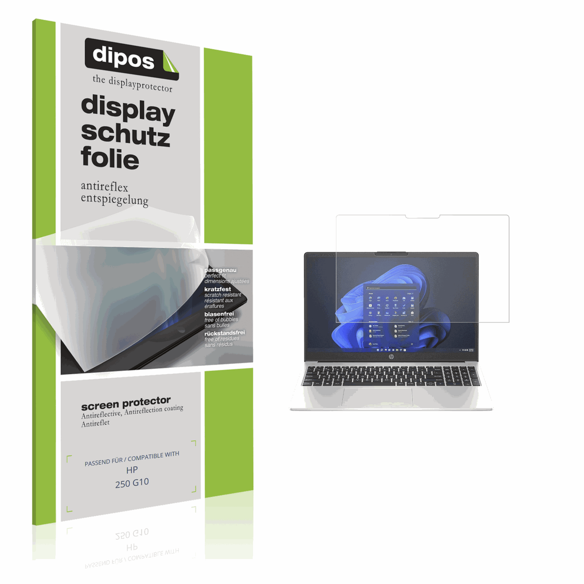 Matte Displayschutzfolie von dipos passend für HP 250 G10, präziser Zuschnitt und blasenfrei montiert