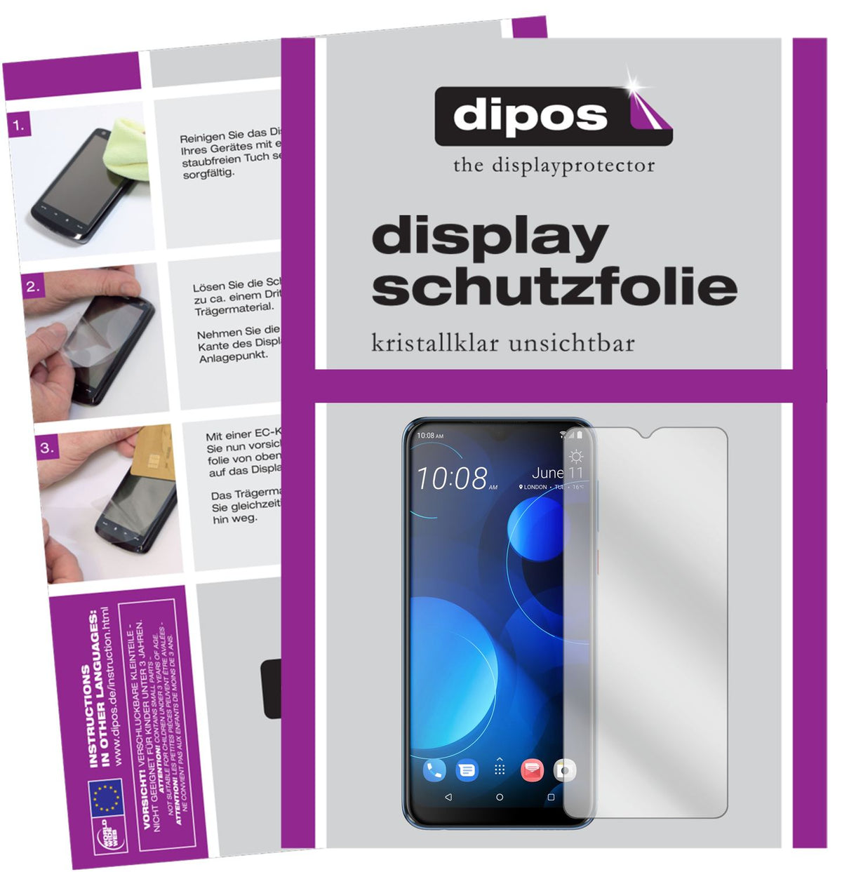 Klare Displayschutzfolie von dipos passend für HTC Desire 19 Plus, präziser Zuschnitt und blasenfrei montiert