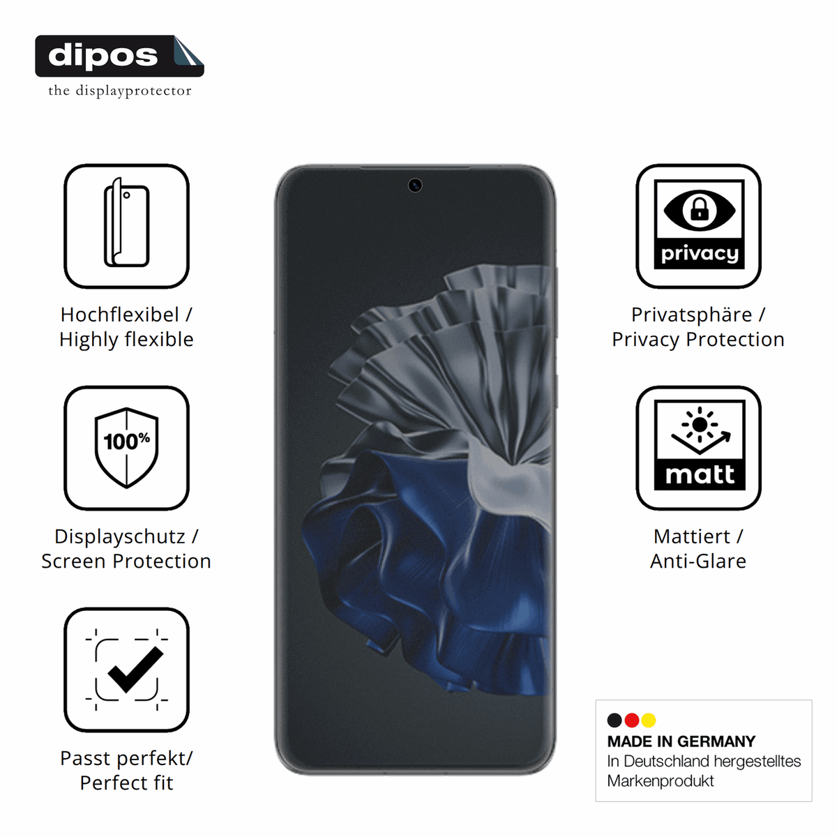 Flexible TPU-Folie passend zugeschnitten für Huawei P60 Pro, mit Privatsphäre-Schutz durch Sichtschutz-Folie
