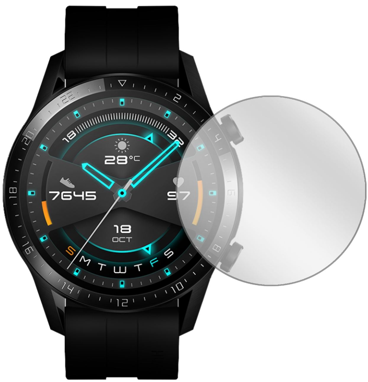 HuaweiWatch GT 2 (46mm) mit aufgebrachter dipos Displayschutzfolie, glasklare Darstellung ohne Einschränkungen