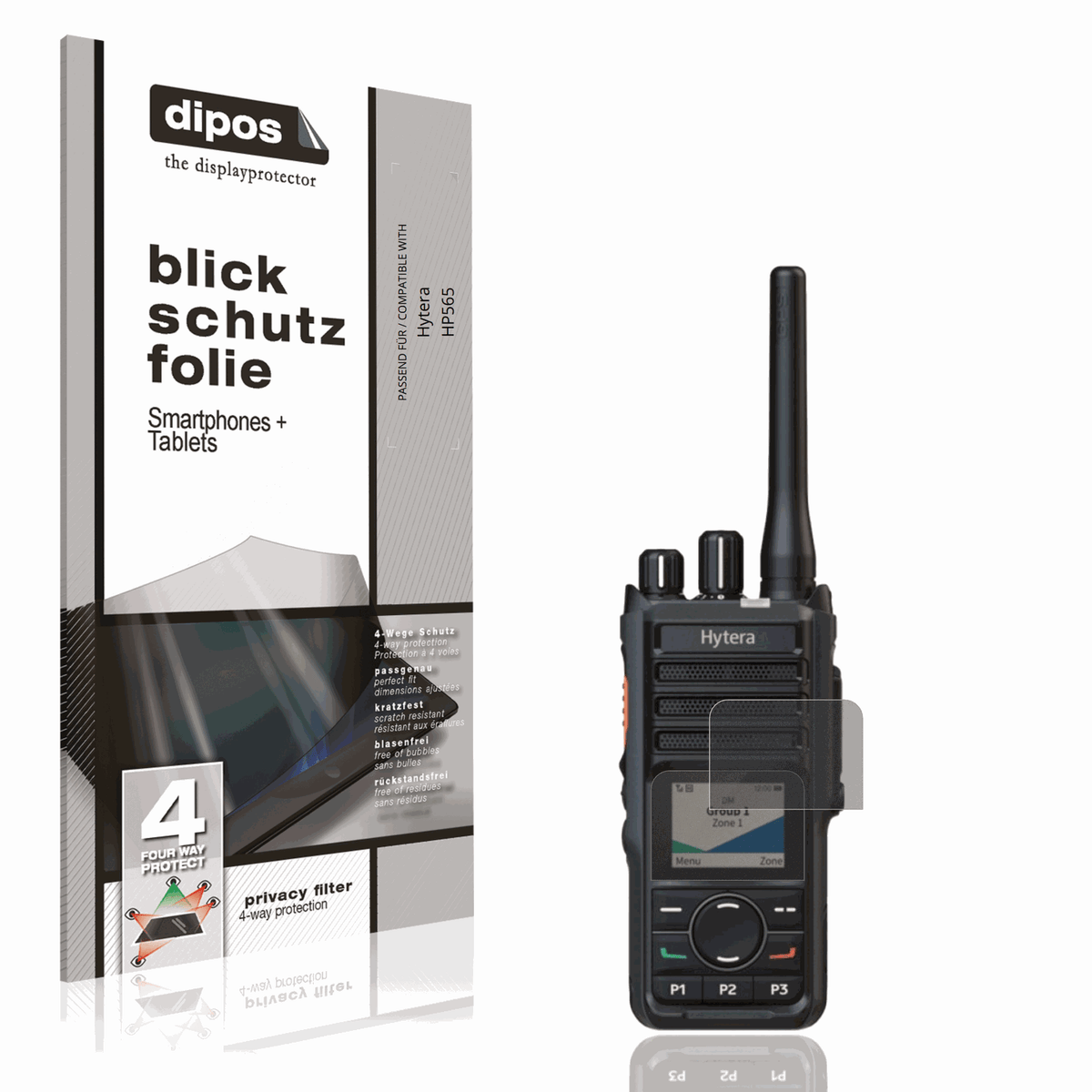 Blickschutzfolie von dipos passend für Hytera HP565, präziser Zuschnitt und blasenfrei montiert